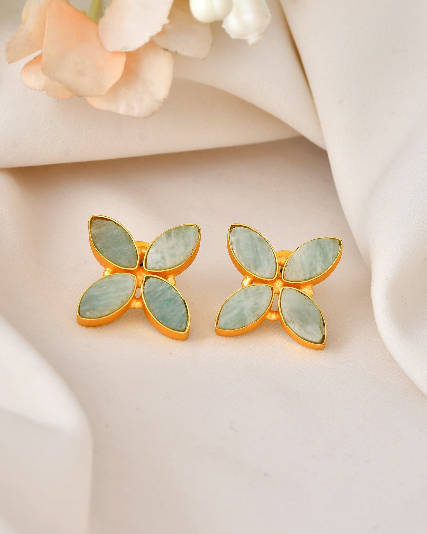VOJ Gold Polished Teal Stone Studded Floral Stud Earrings - Swadesiicart