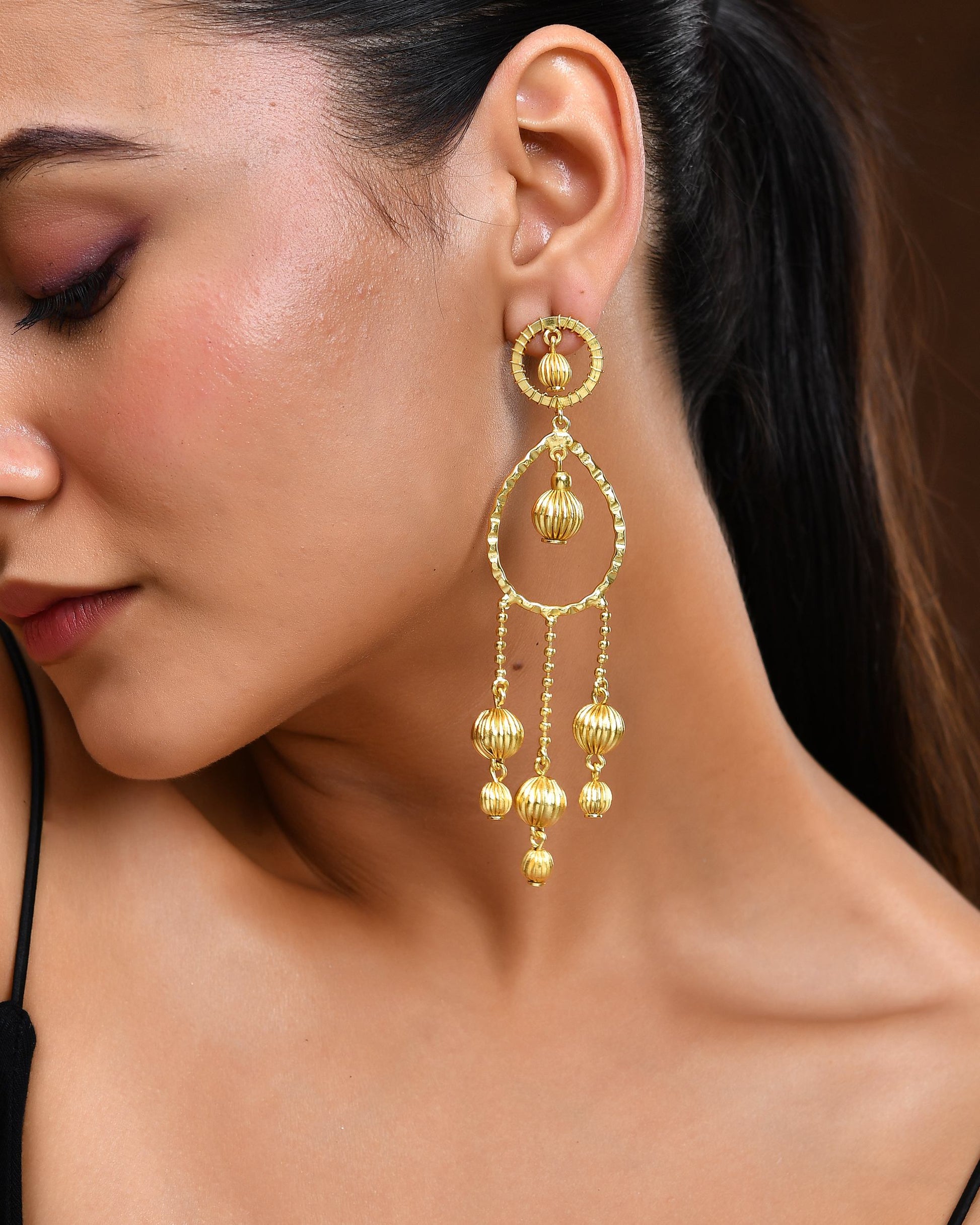 VOJ Gold Polished Elegant Anti Tarnish Big Drop Earrings - Swadesiicart