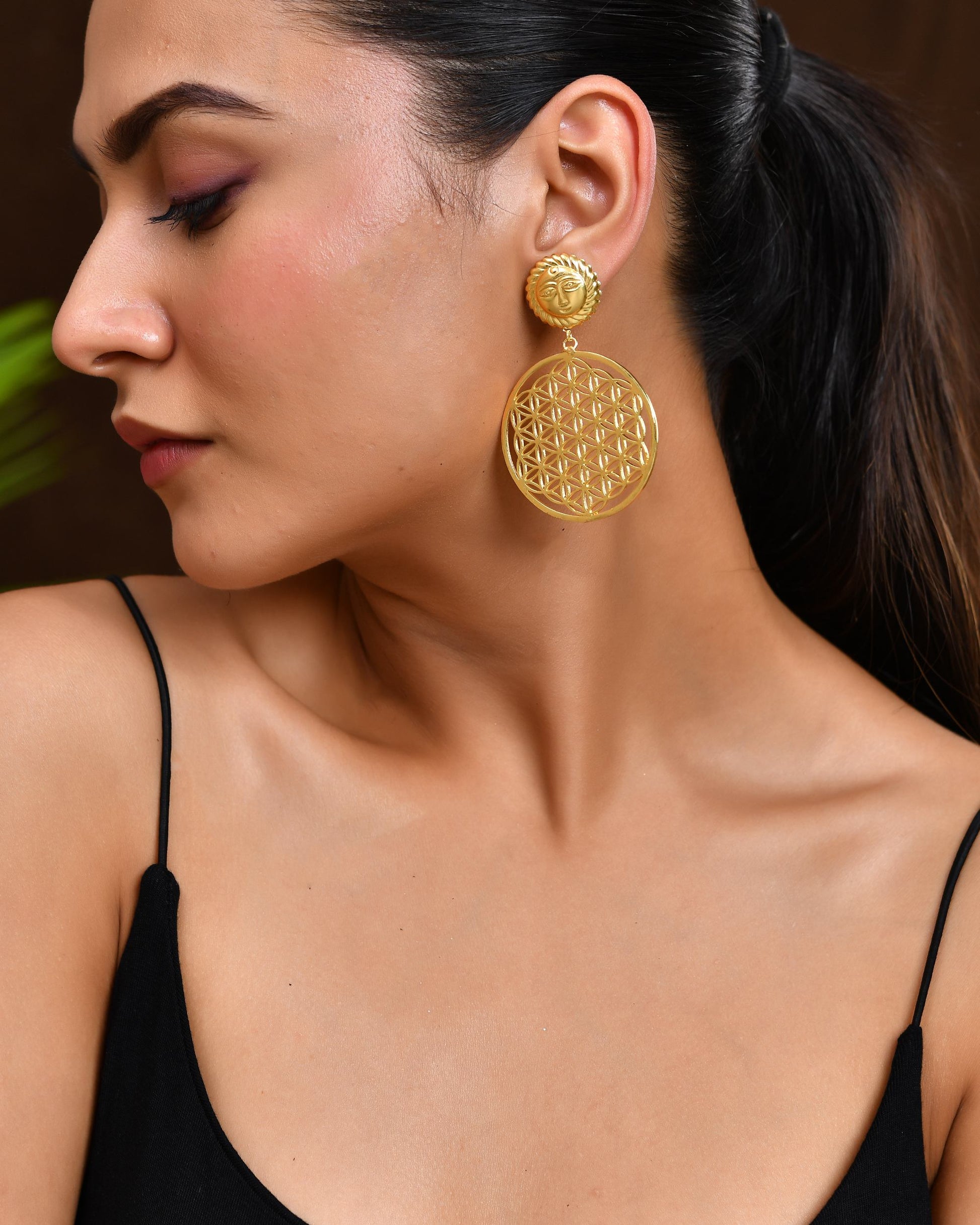 VOJ Gold Polished Hand Crafted Anti Tarnish Circular Earrings - Swadesiicart