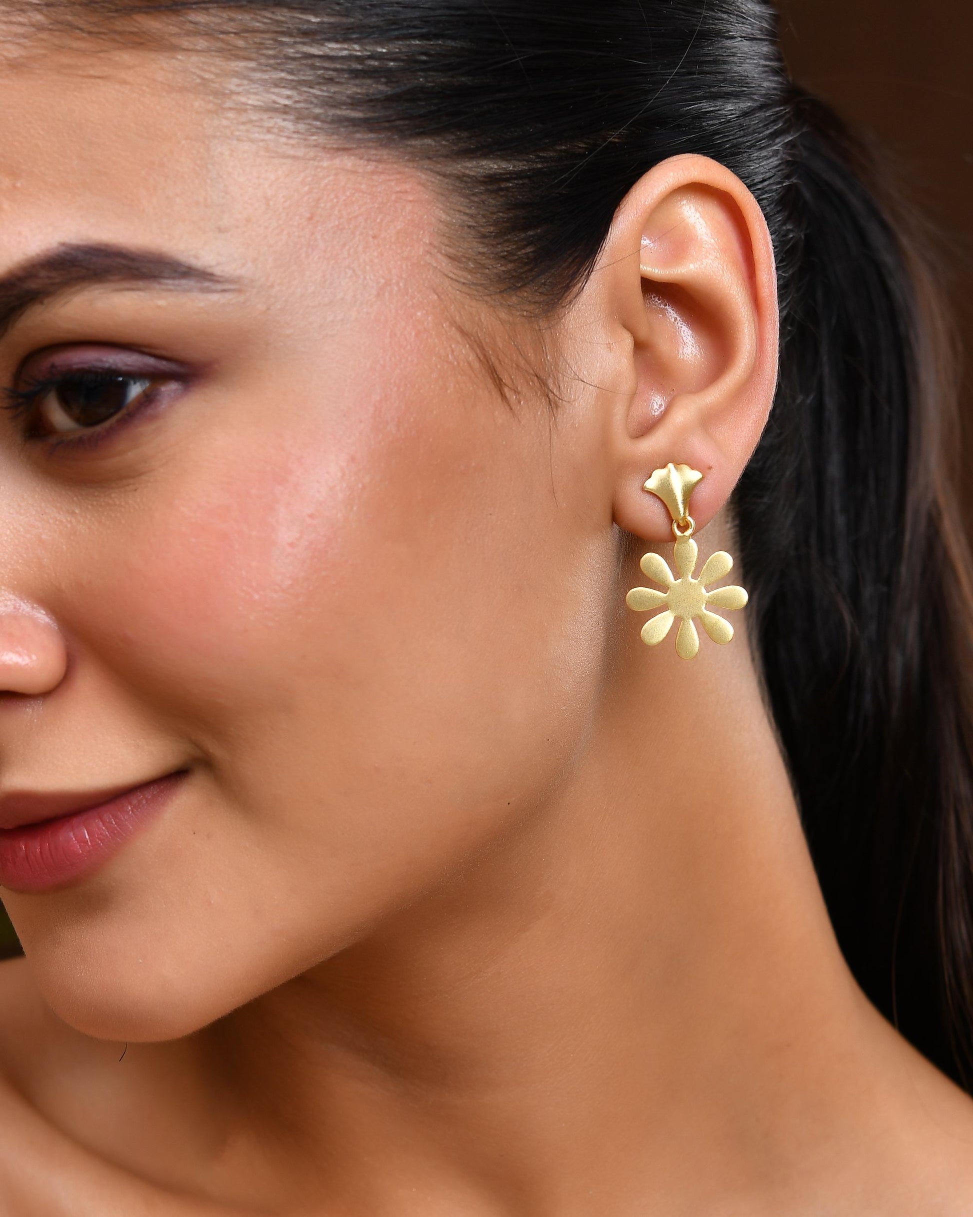 VOJ Gold Polished Anti Tarnish Flower Shaped Drop Earrings - Swadesiicart