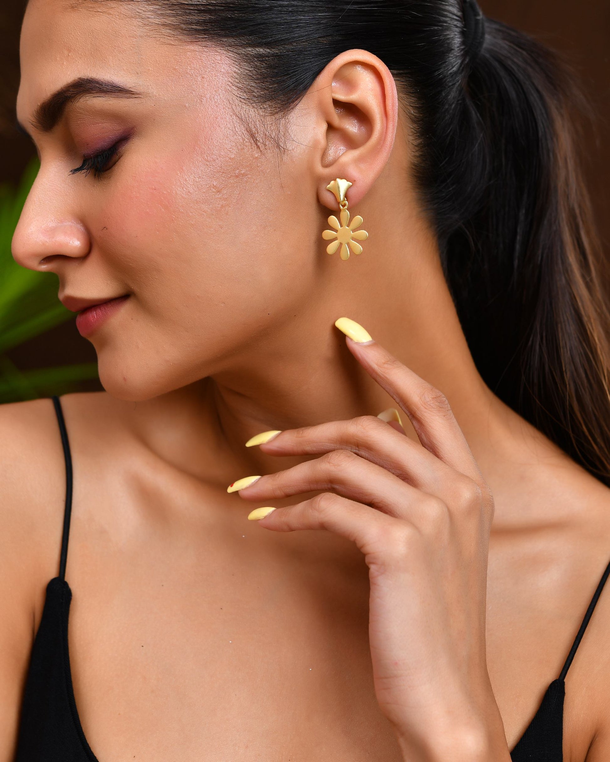 VOJ Gold Polished Anti Tarnish Flower Shaped Drop Earrings - Swadesiicart