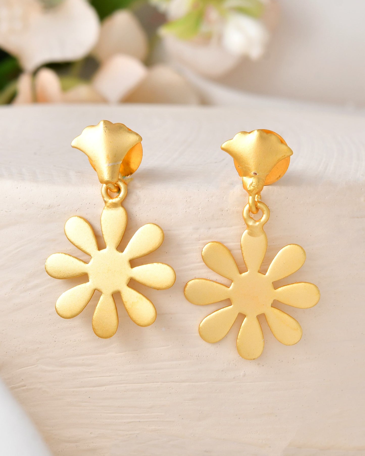 VOJ Gold Polished Anti Tarnish Flower Shaped Drop Earrings - Swadesiicart
