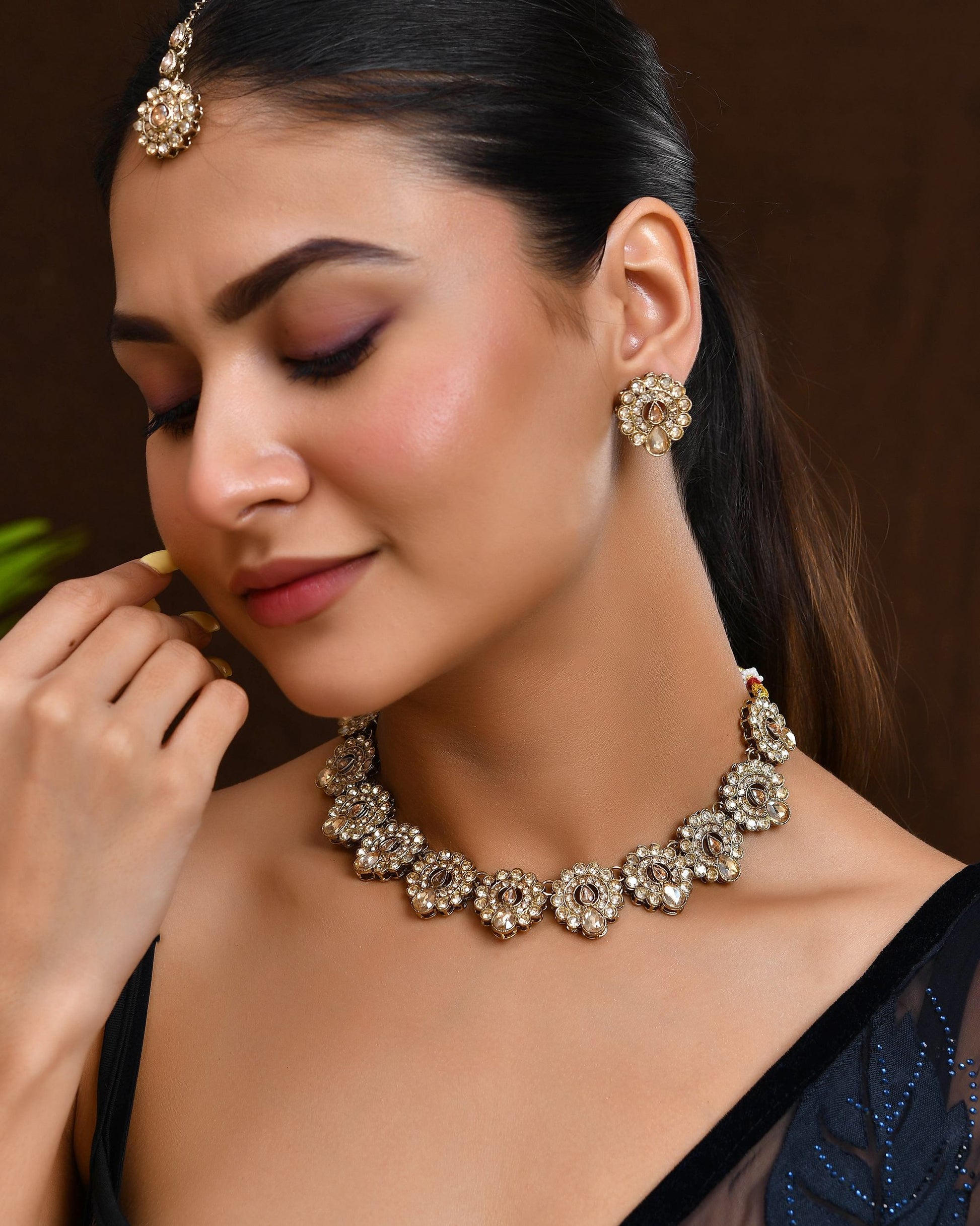 VOJ Copper Plated Stone Studded Circular Shaped Jewellery Set With Maang Tikka - Swadesiicart