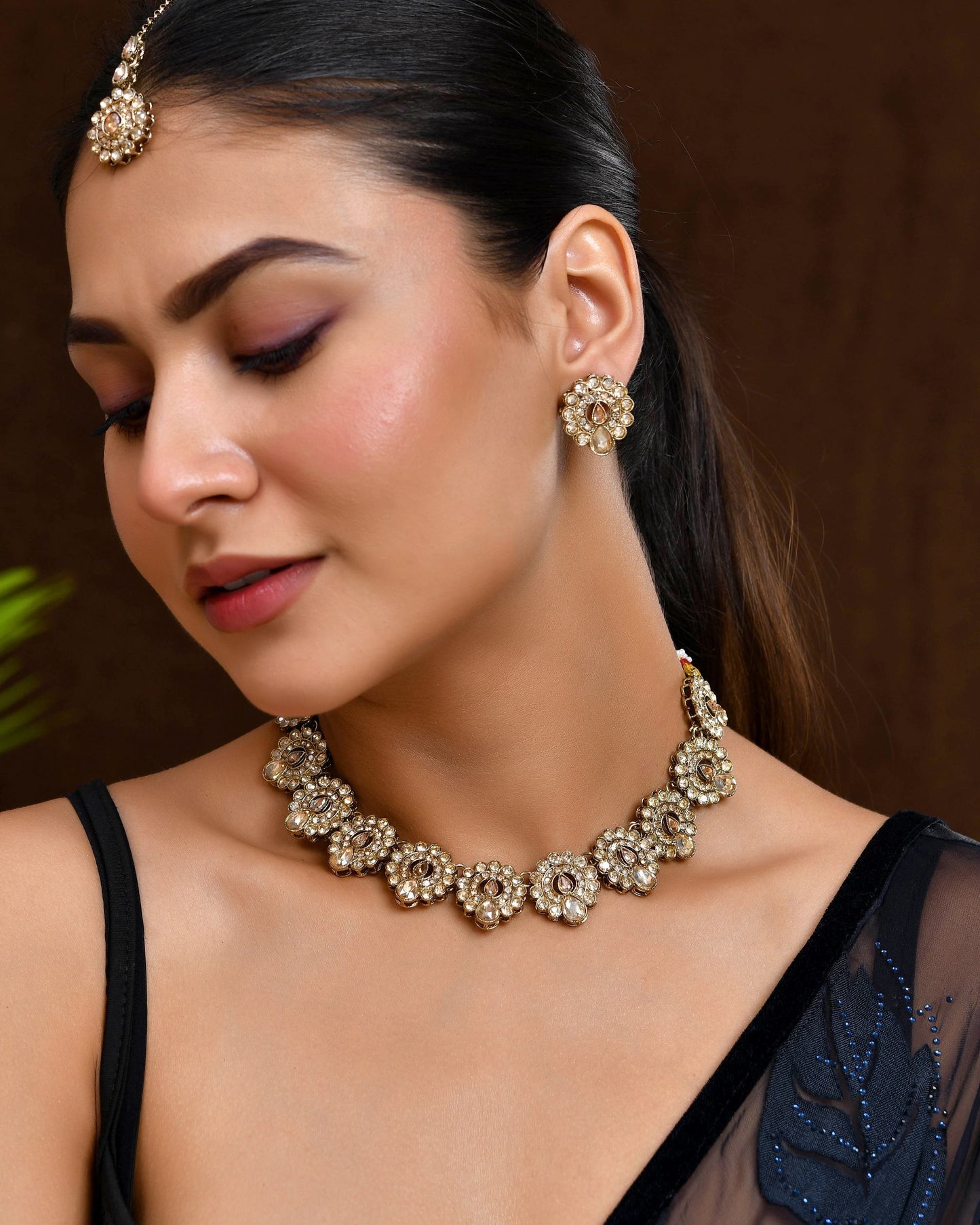 VOJ Copper Plated Stone Studded Circular Shaped Jewellery Set With Maang Tikka - Swadesiicart