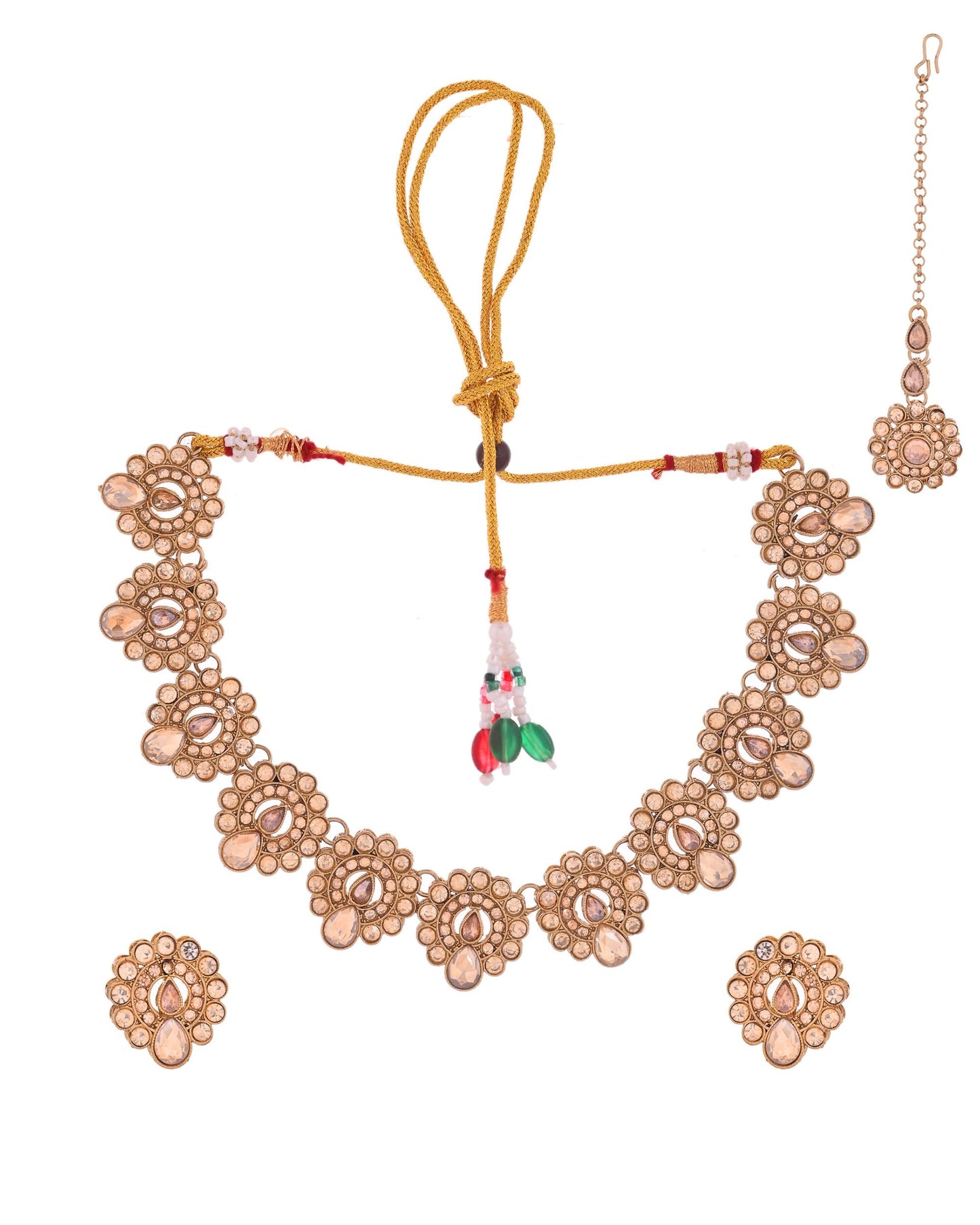VOJ Copper Plated Stone Studded Circular Shaped Jewellery Set With Maang Tikka - Swadesiicart