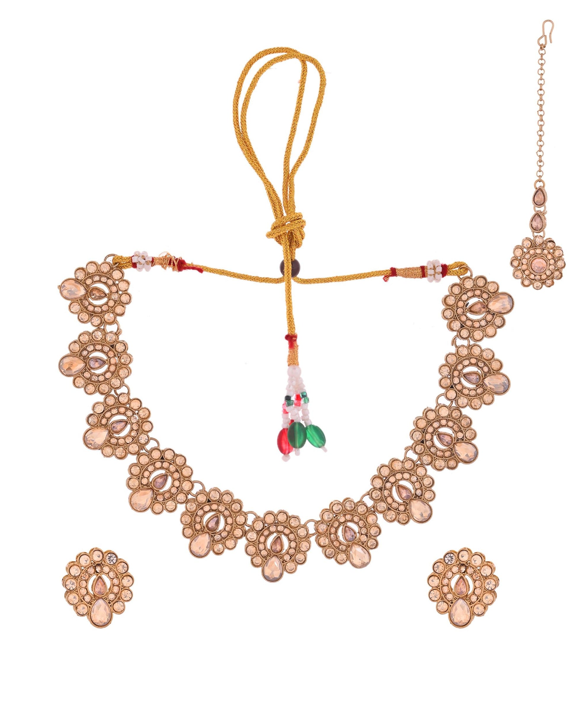 VOJ Copper Plated Stone Studded Circular Shaped Jewellery Set With Maang Tikka - Swadesiicart