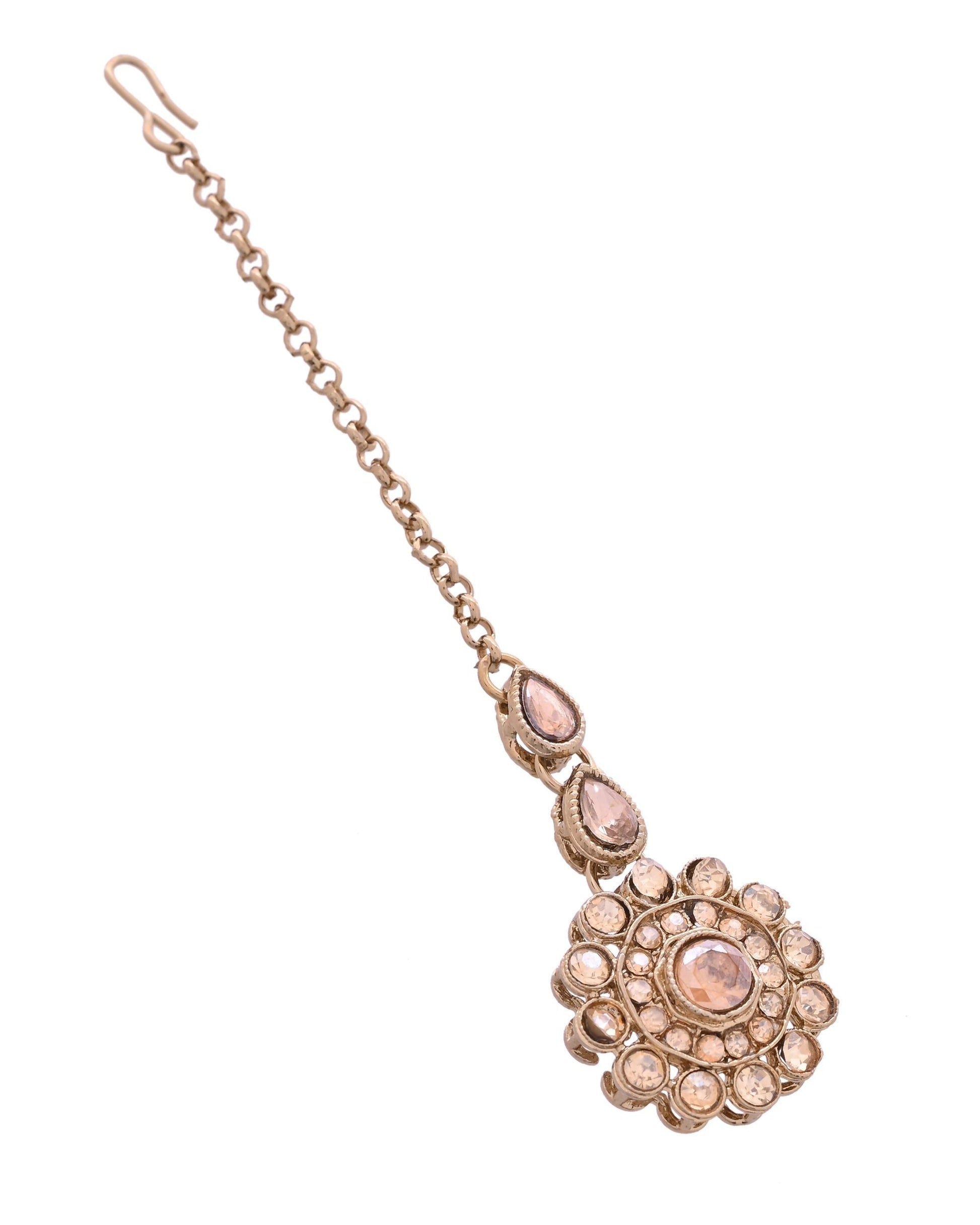 VOJ Copper Plated Stone Studded Circular Shaped Jewellery Set With Maang Tikka - Swadesiicart