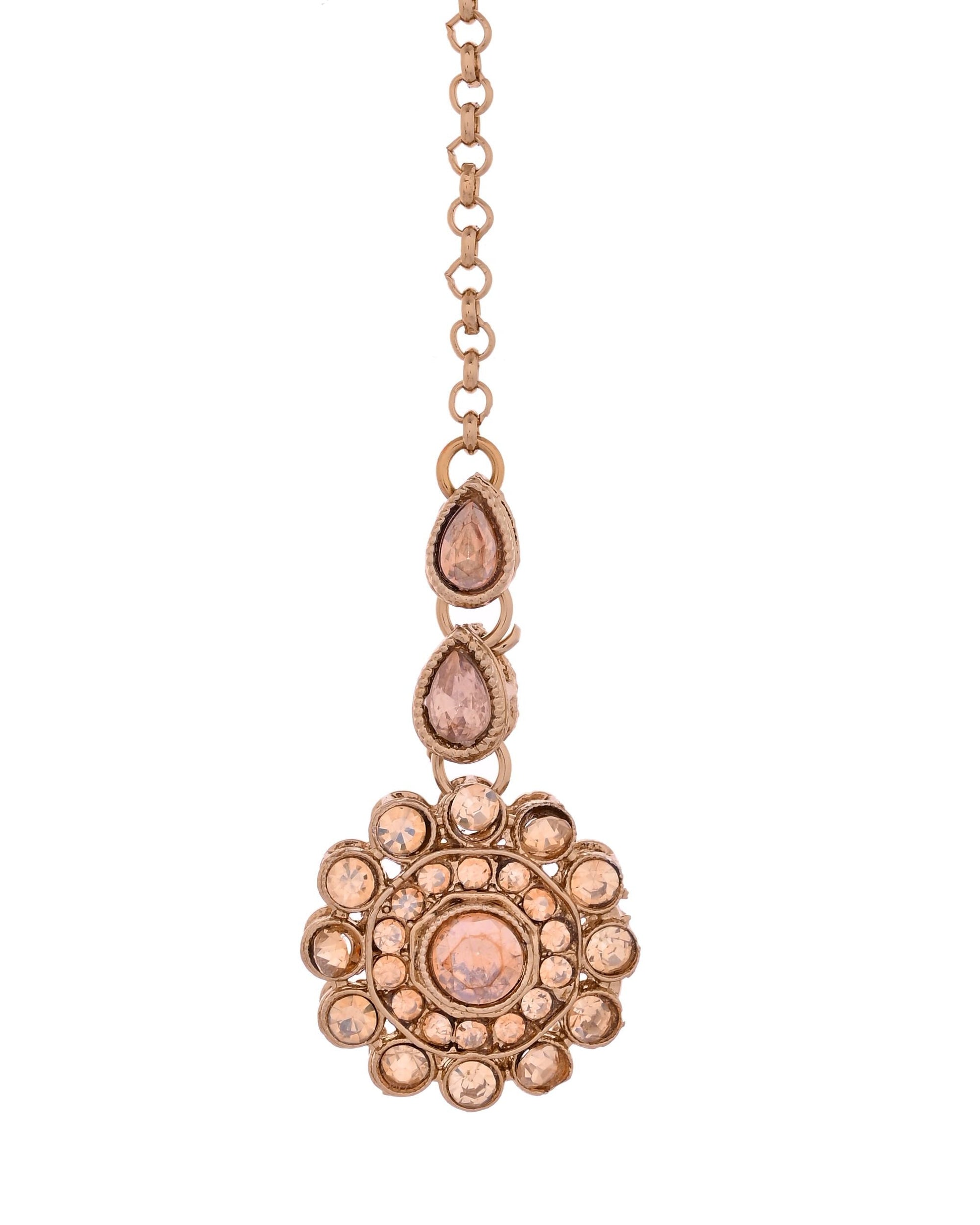VOJ Copper Plated Stone Studded Circular Shaped Jewellery Set With Maang Tikka - Swadesiicart