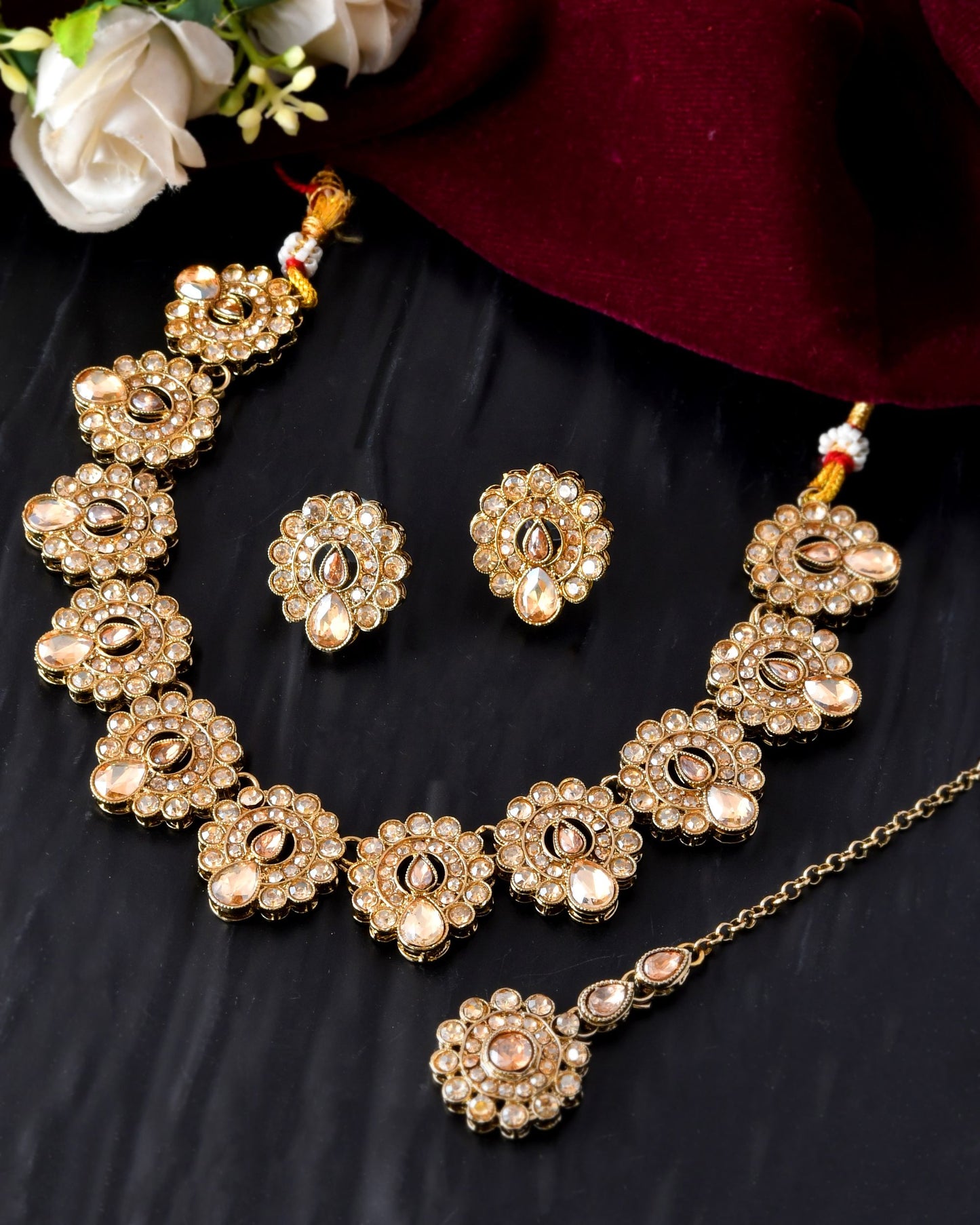 VOJ Copper Plated Stone Studded Circular Shaped Jewellery Set With Maang Tikka - Swadesiicart