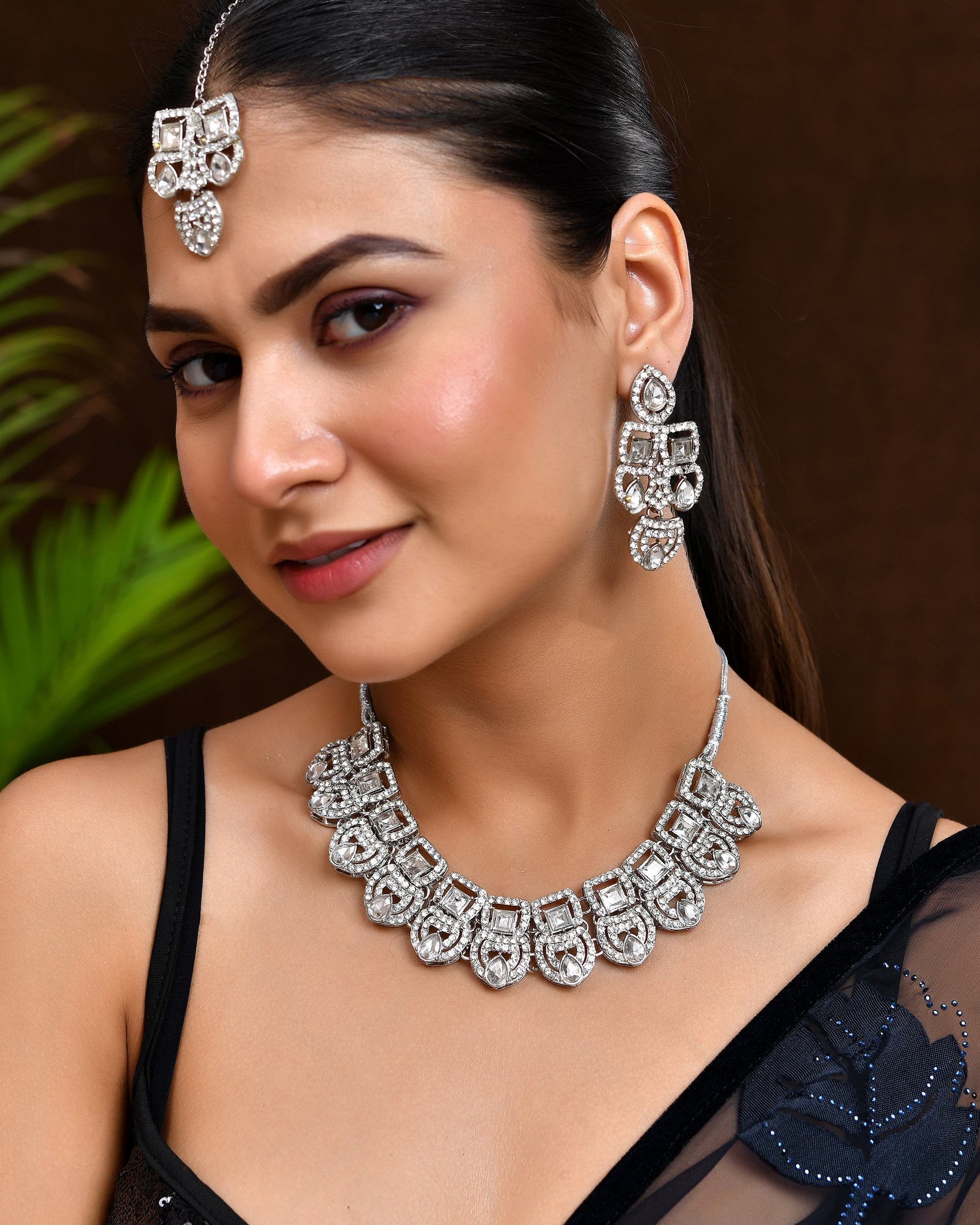 VOJ Silver - Plated American Diamond Studded Jewellery Set - Swadesiicart