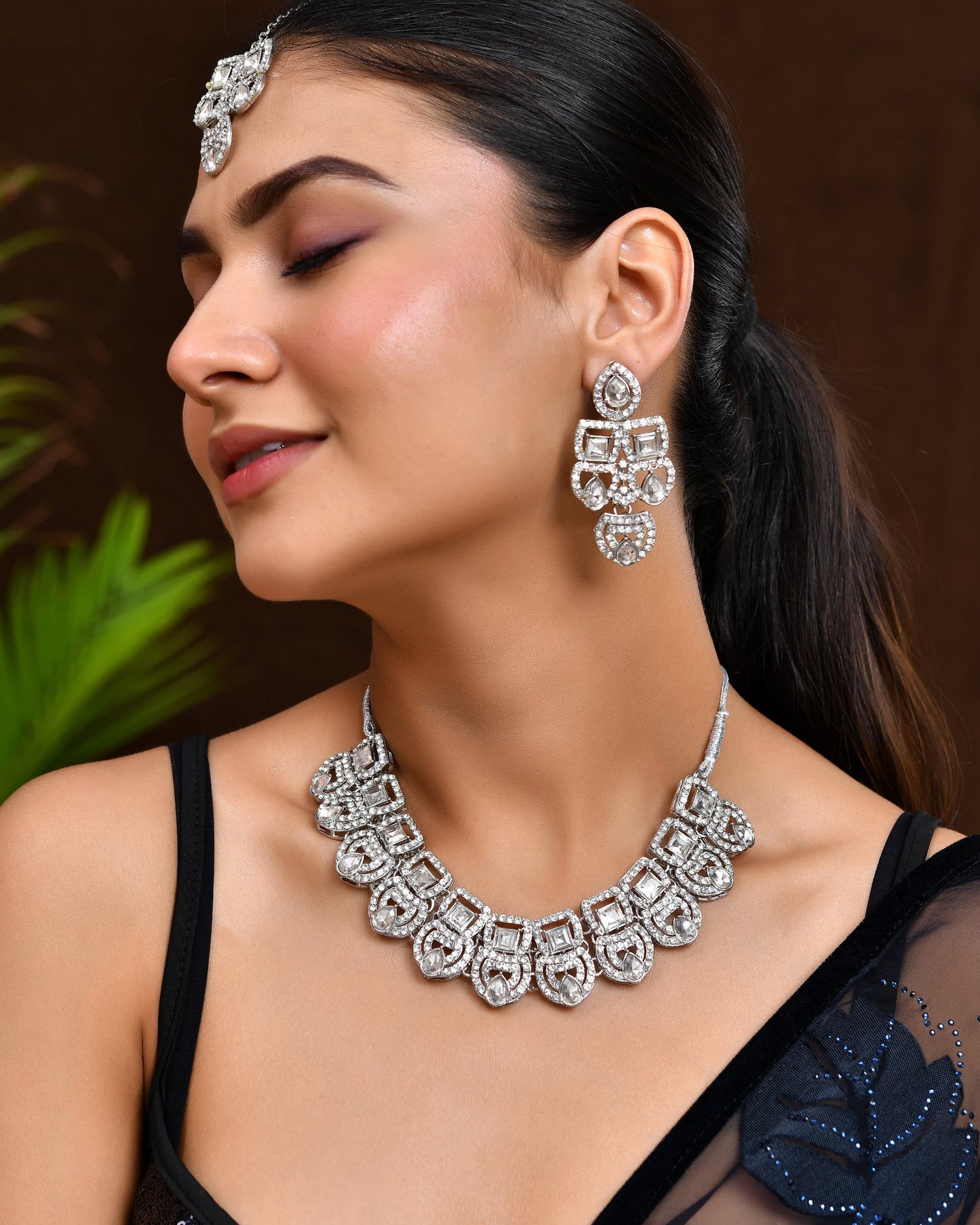VOJ Silver - Plated American Diamond Studded Jewellery Set - Swadesiicart