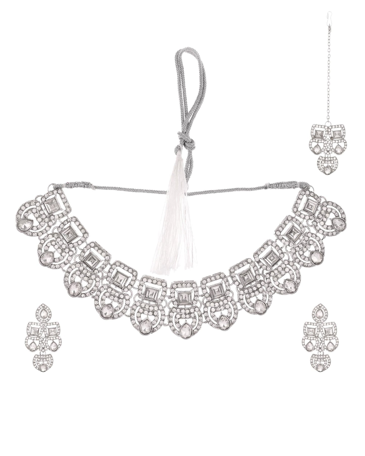 VOJ Silver - Plated American Diamond Studded Jewellery Set - Swadesiicart