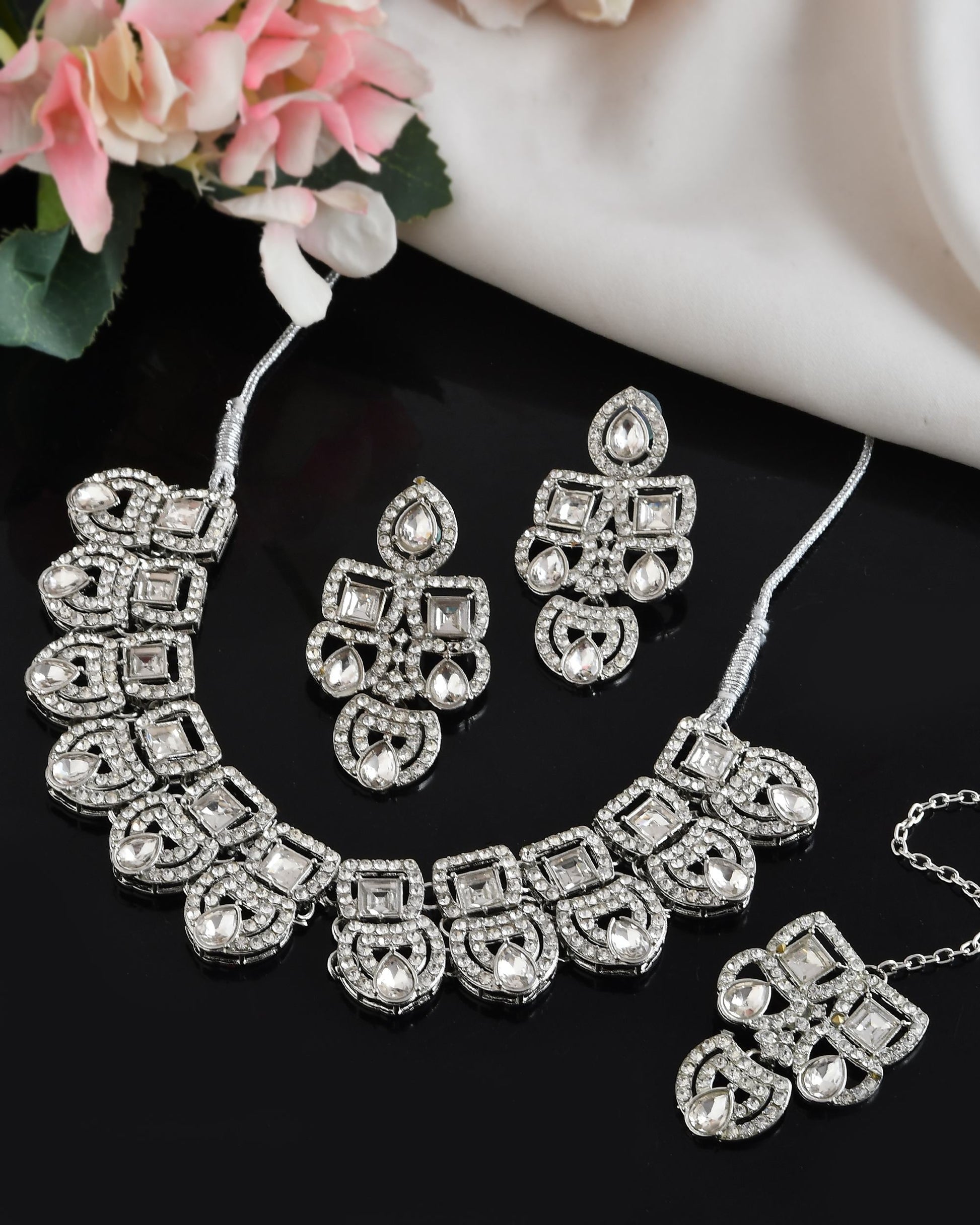 VOJ Silver - Plated American Diamond Studded Jewellery Set - Swadesiicart