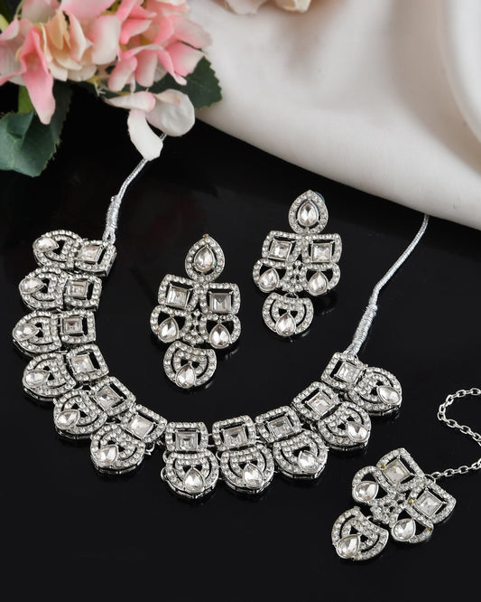 VOJ Silver - Plated American Diamond Studded Jewellery Set - Swadesiicart