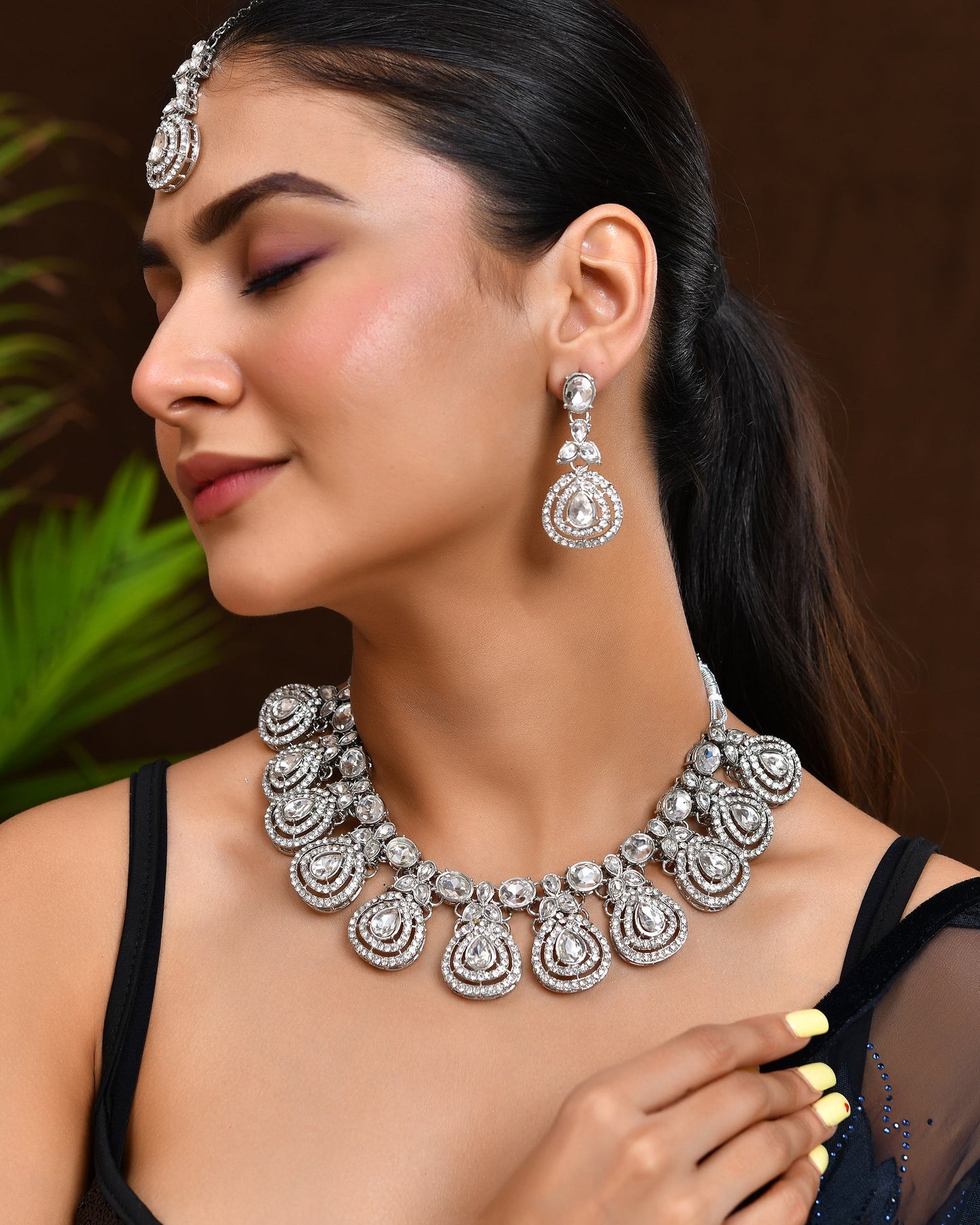 VOJ Silver-Plated CZ Studded Jewellery Set With Maang Tikka - Swadesiicart