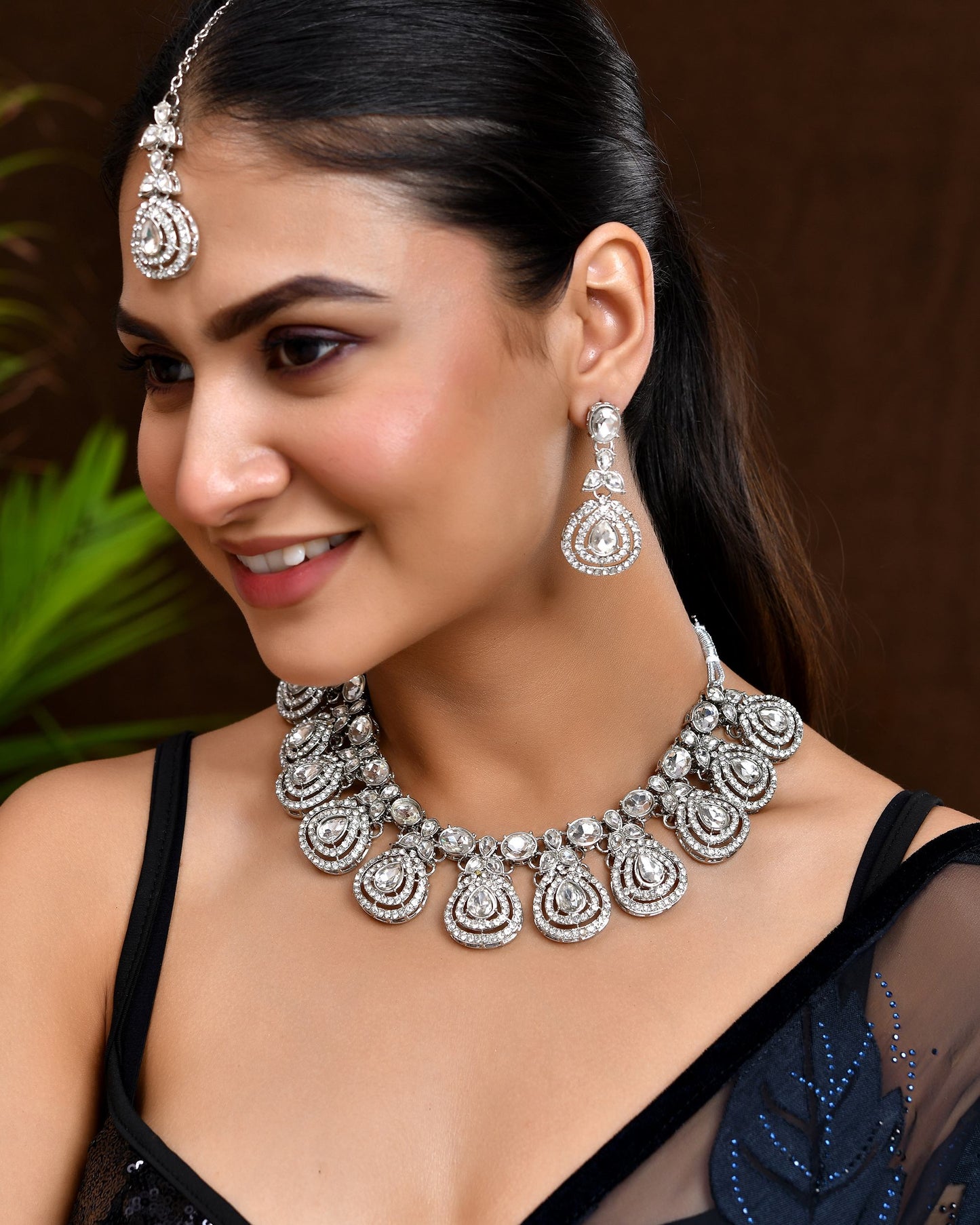 VOJ Silver-Plated CZ Studded Jewellery Set With Maang Tikka - Swadesiicart