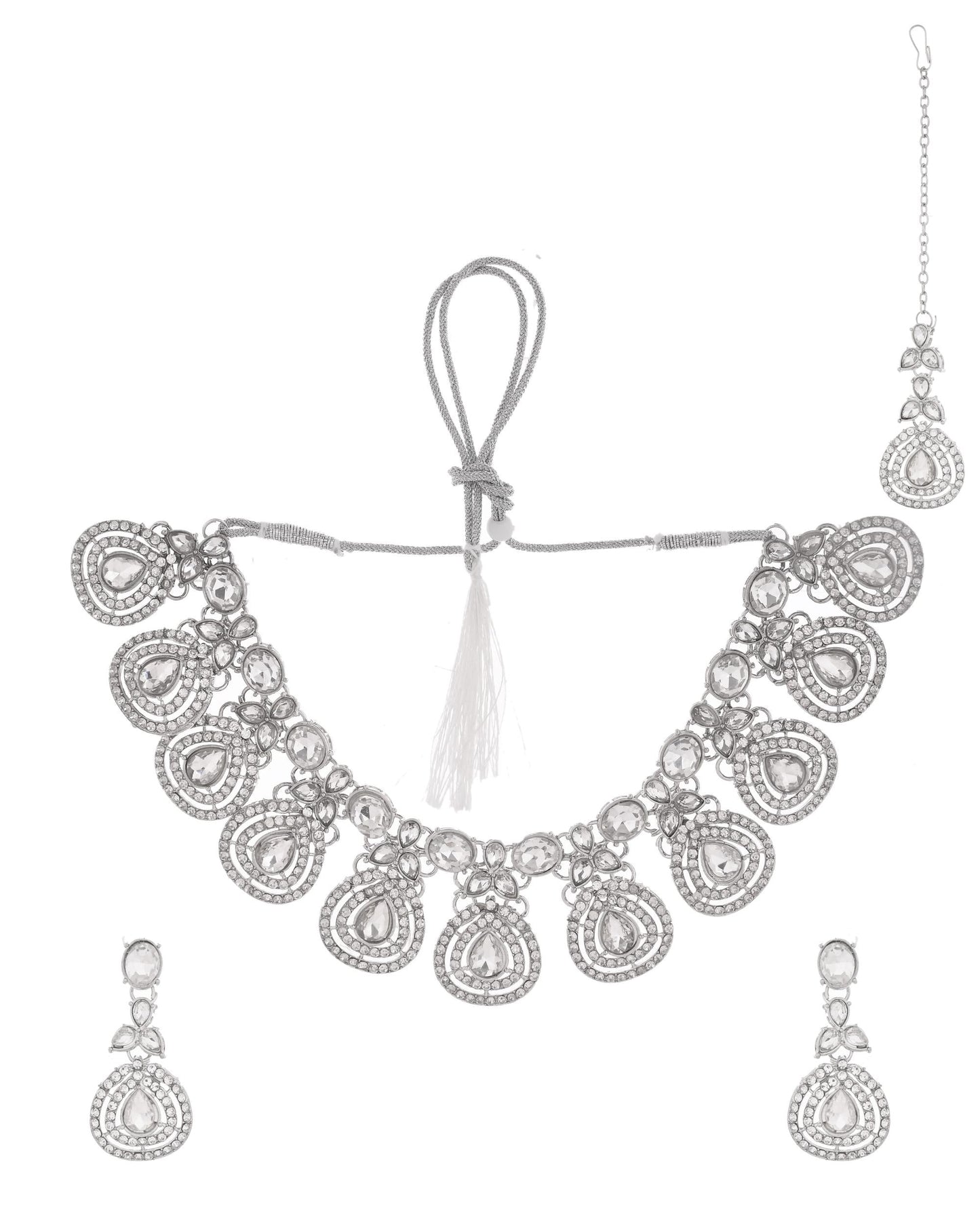 VOJ Silver-Plated CZ Studded Jewellery Set With Maang Tikka - Swadesiicart