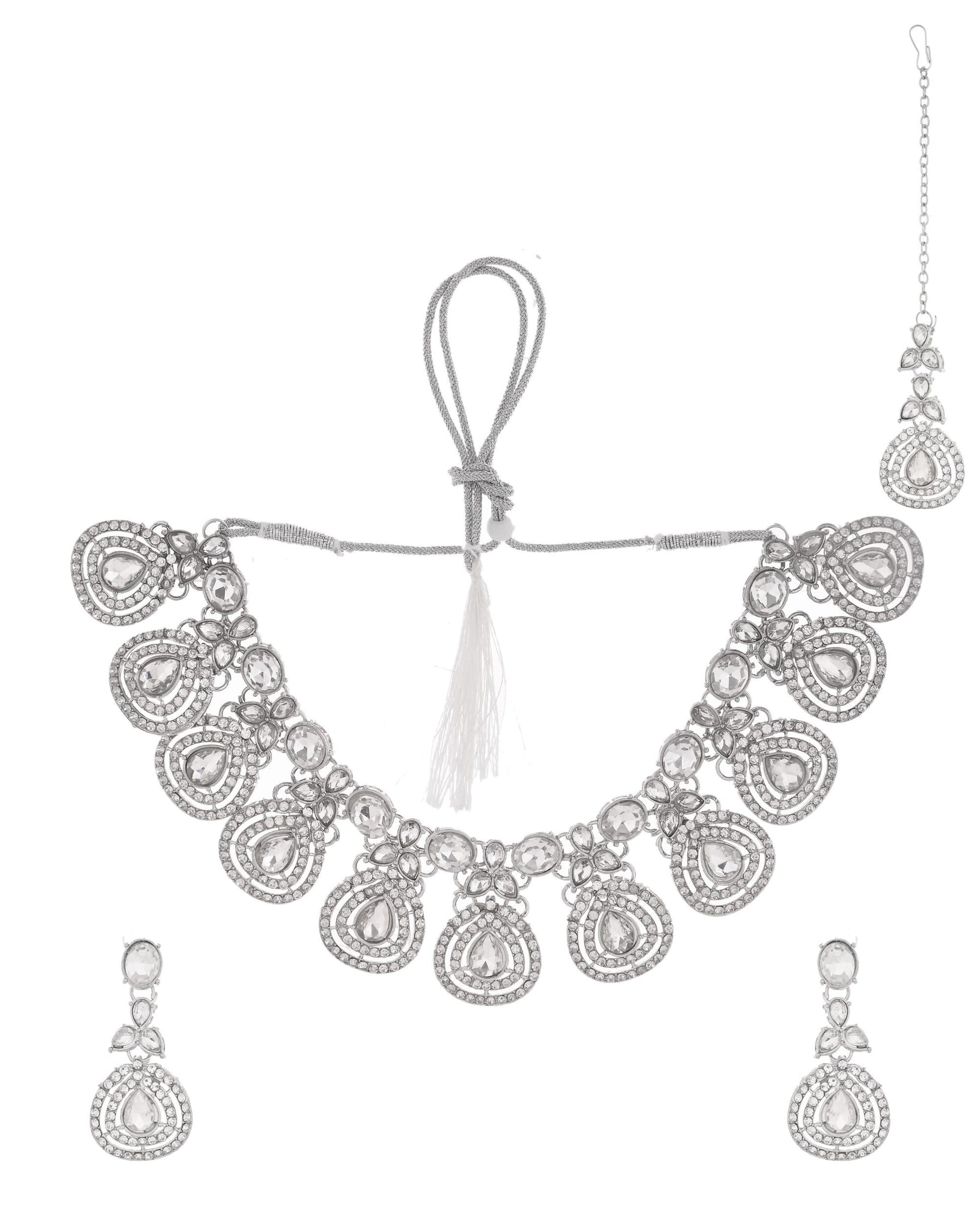 VOJ Silver-Plated CZ Studded Jewellery Set With Maang Tikka - Swadesiicart