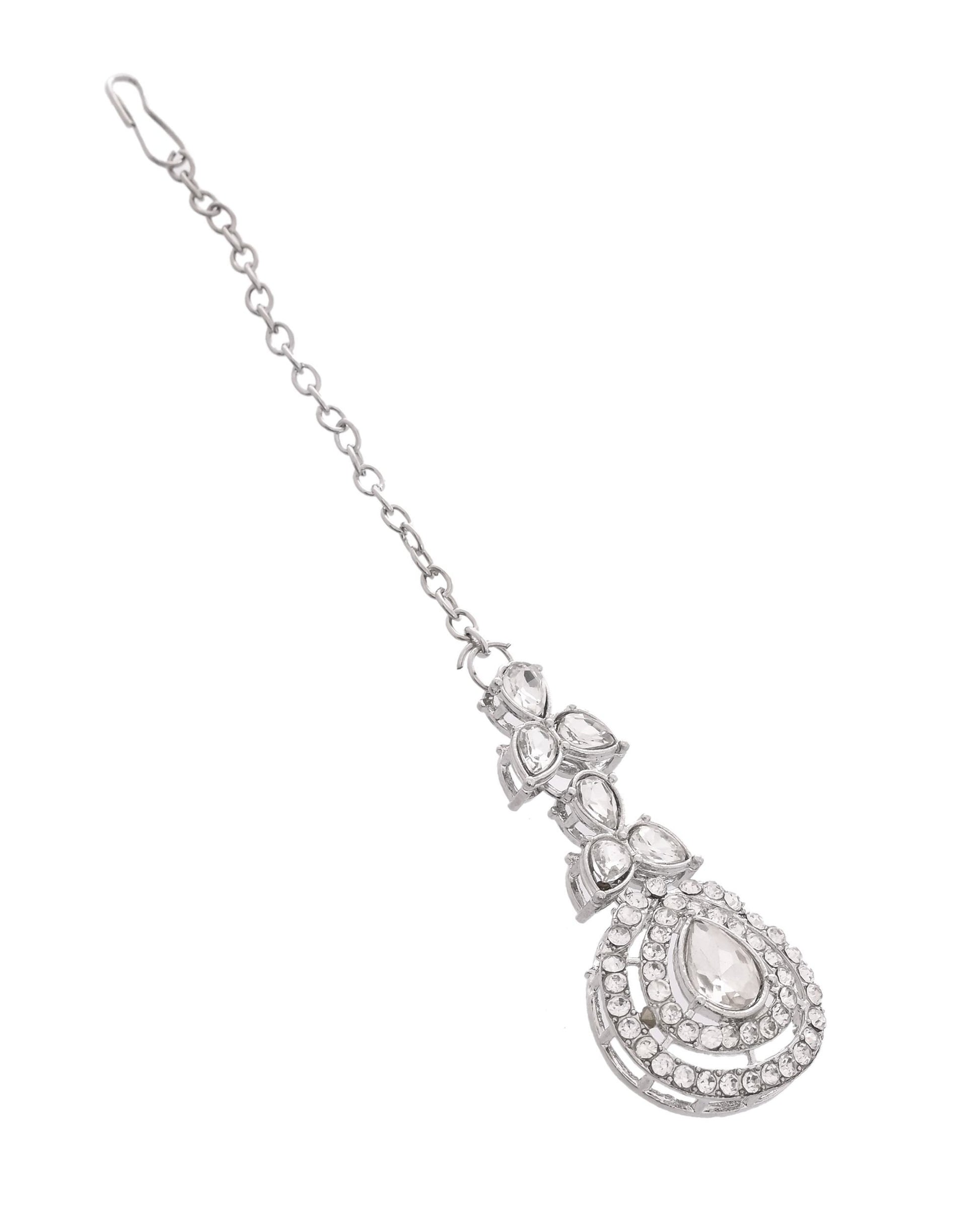VOJ Silver-Plated CZ Studded Jewellery Set With Maang Tikka - Swadesiicart