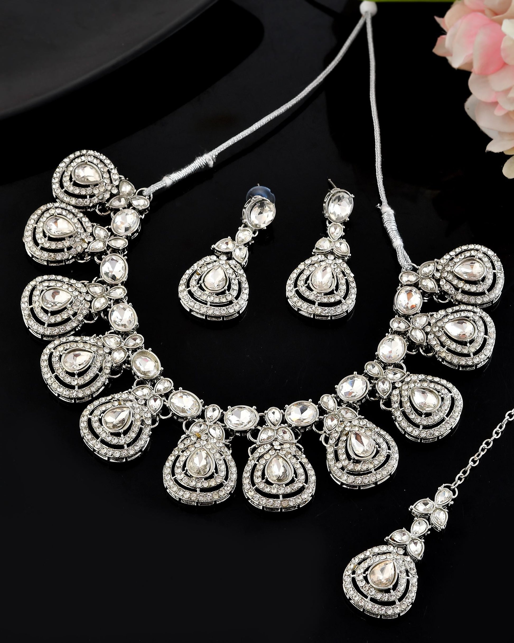 VOJ Silver-Plated CZ Studded Jewellery Set With Maang Tikka - Swadesiicart