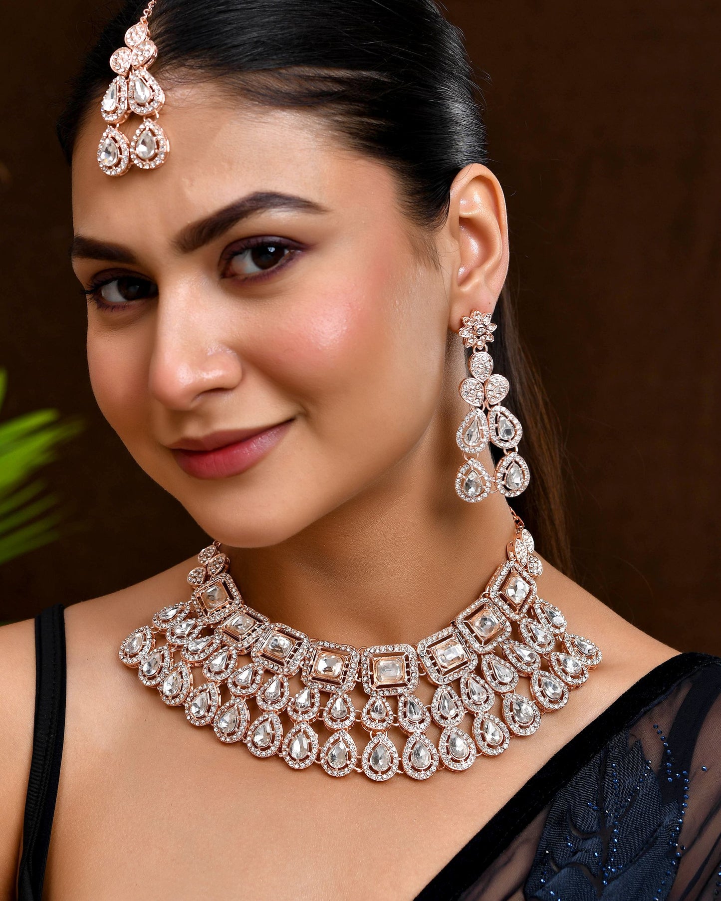 VOJ Rose Gold-Polished CZ Studded Jewellery Set With Maang Tikka - Swadesiicart