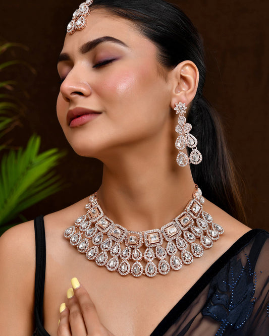 VOJ Rose Gold-Polished CZ Studded Jewellery Set With Maang Tikka - Swadesiicart
