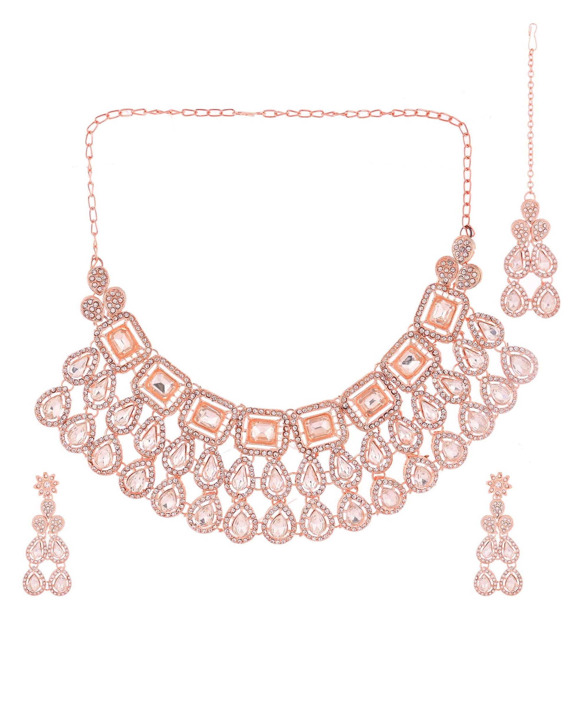 VOJ Rose Gold-Polished CZ Studded Jewellery Set With Maang Tikka - Swadesiicart