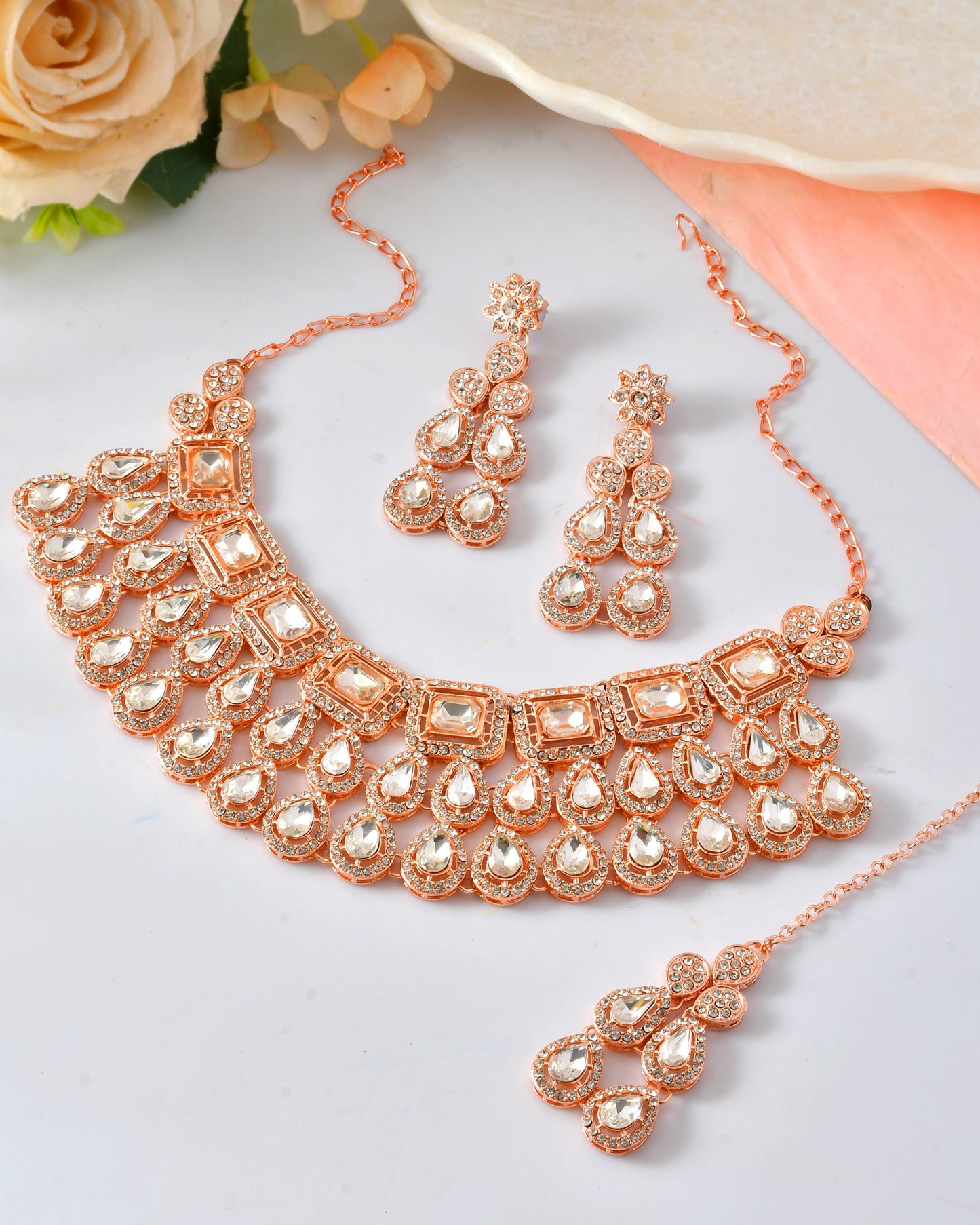 VOJ Rose Gold-Polished CZ Studded Jewellery Set With Maang Tikka - Swadesiicart