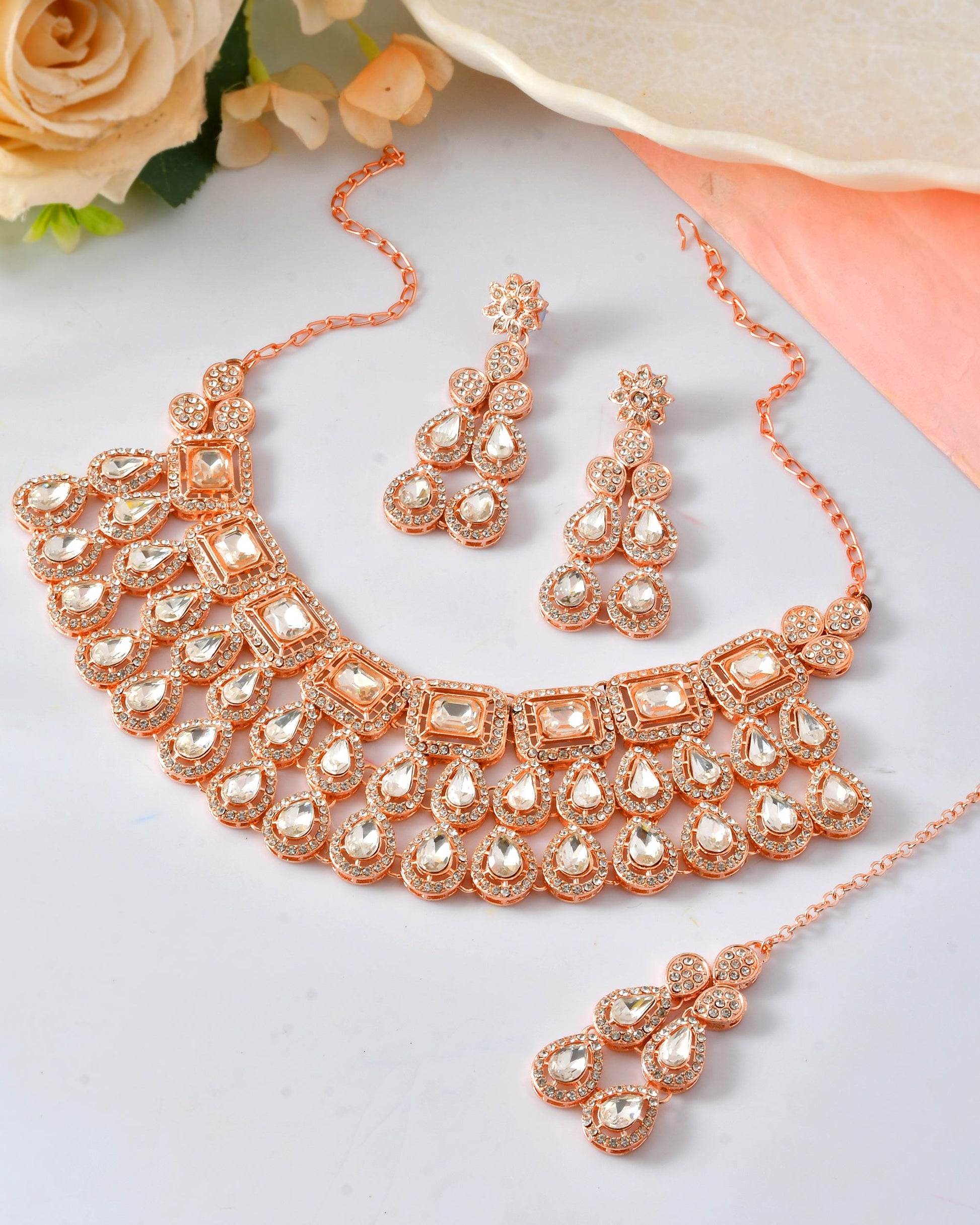 VOJ Rose Gold-Polished CZ Studded Jewellery Set With Maang Tikka - Swadesiicart