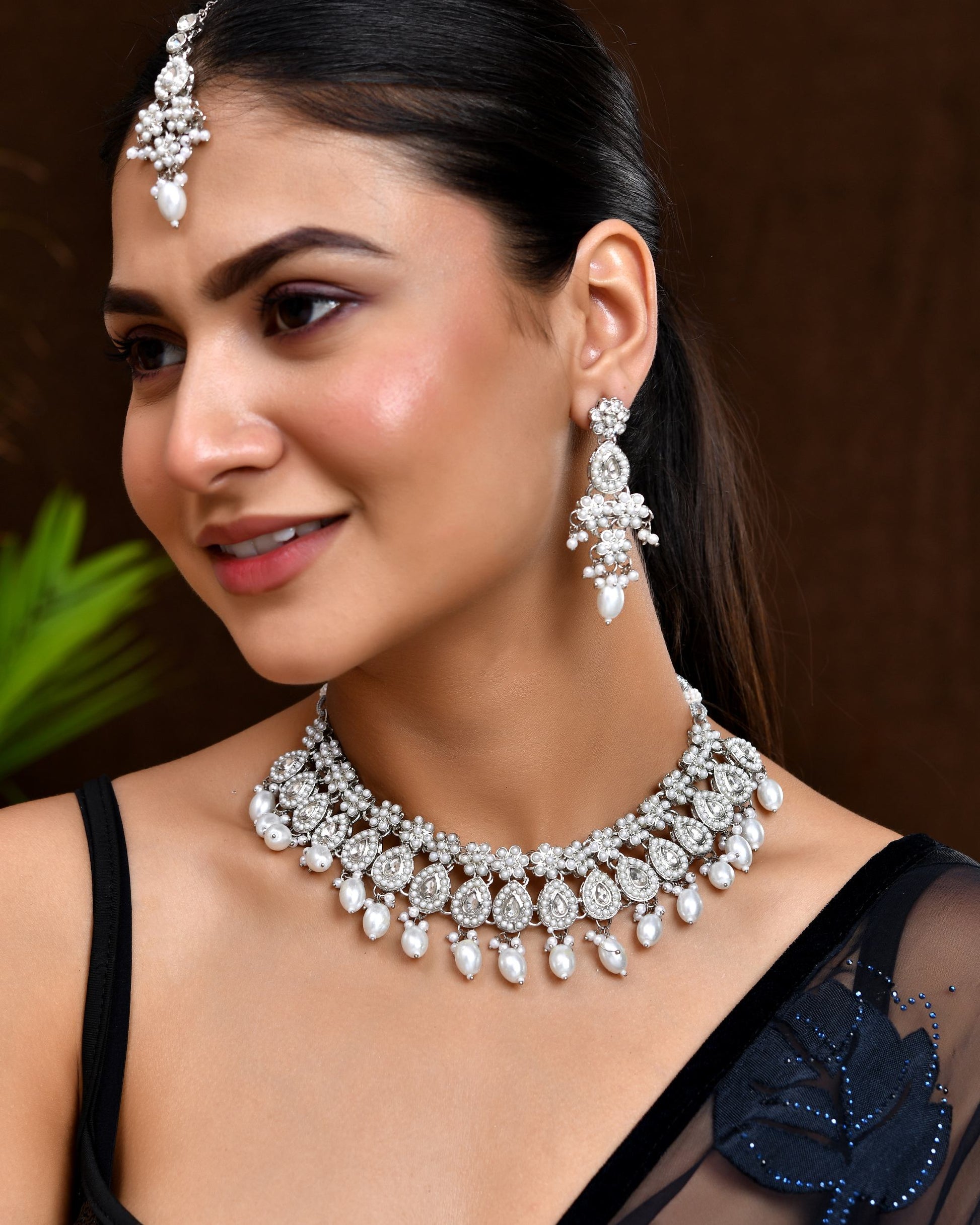 VOJ Silver-Plated CZ Stone And Pearl Necklace With Earrings And Maang Tikka Set - Swadesiicart