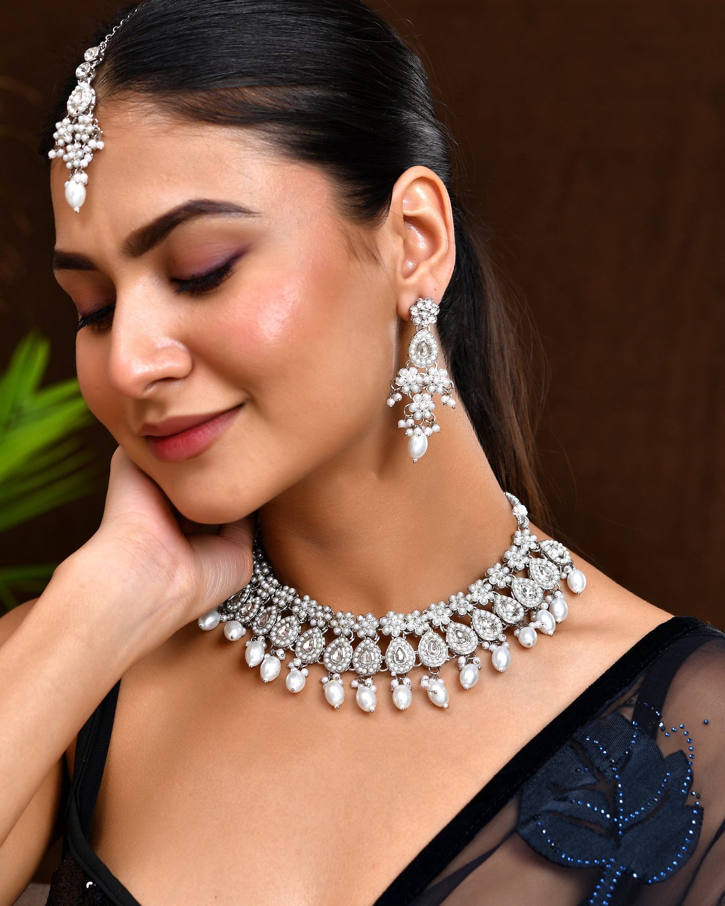 VOJ Silver-Plated CZ Stone And Pearl Necklace With Earrings And Maang Tikka Set - Swadesiicart