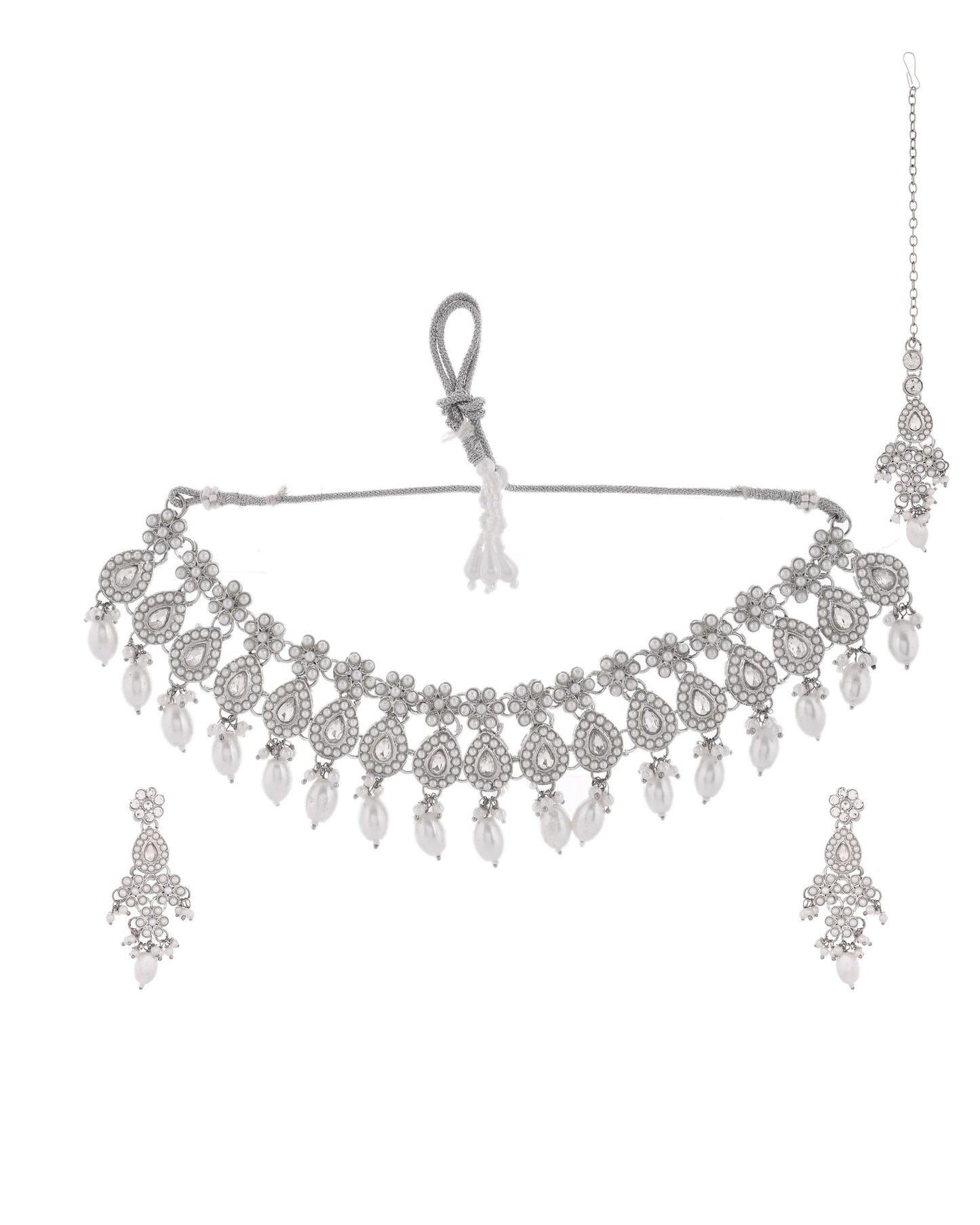 VOJ Silver-Plated CZ Stone And Pearl Necklace With Earrings And Maang Tikka Set - Swadesiicart