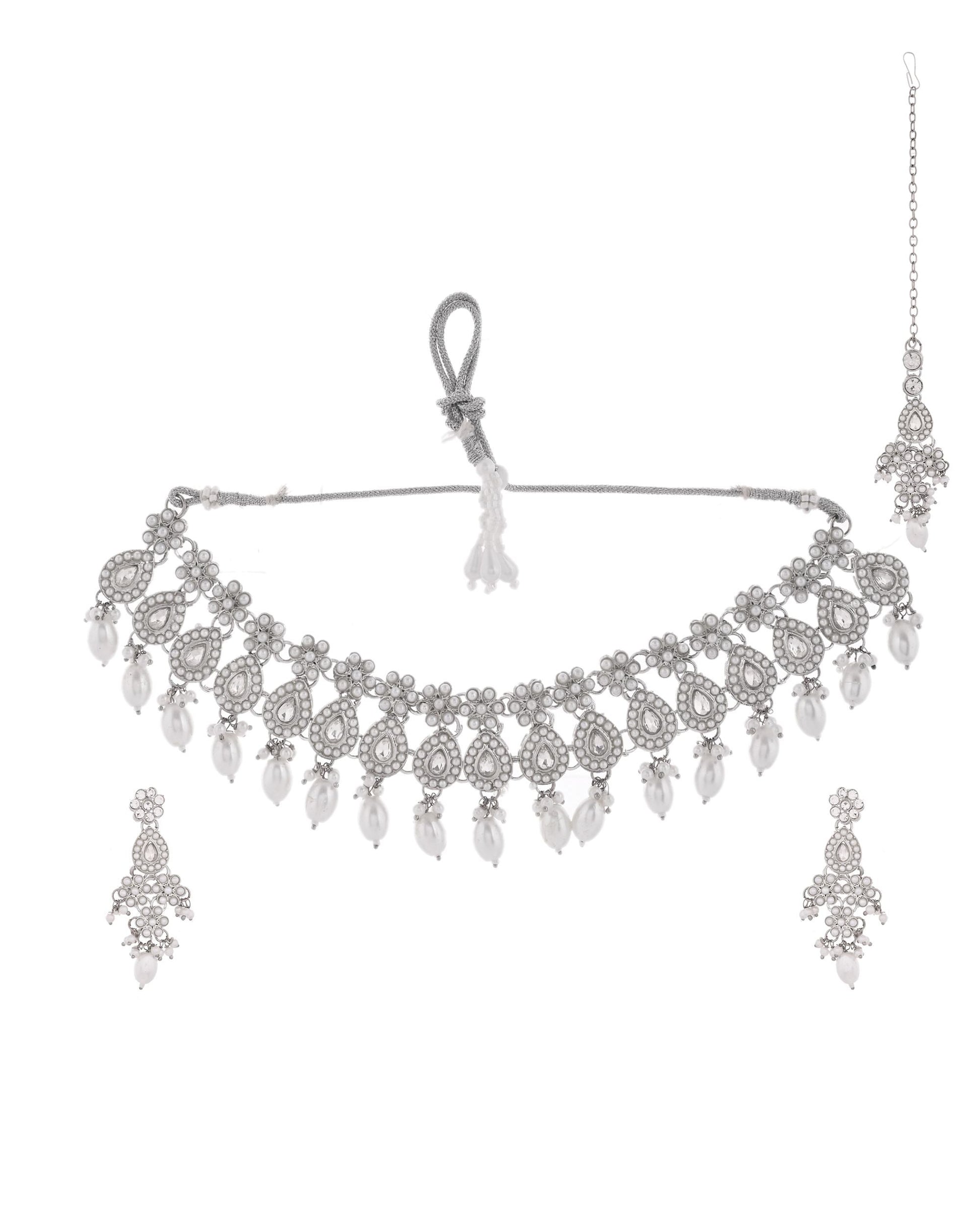 VOJ Silver-Plated CZ Stone And Pearl Necklace With Earrings And Maang Tikka Set - Swadesiicart