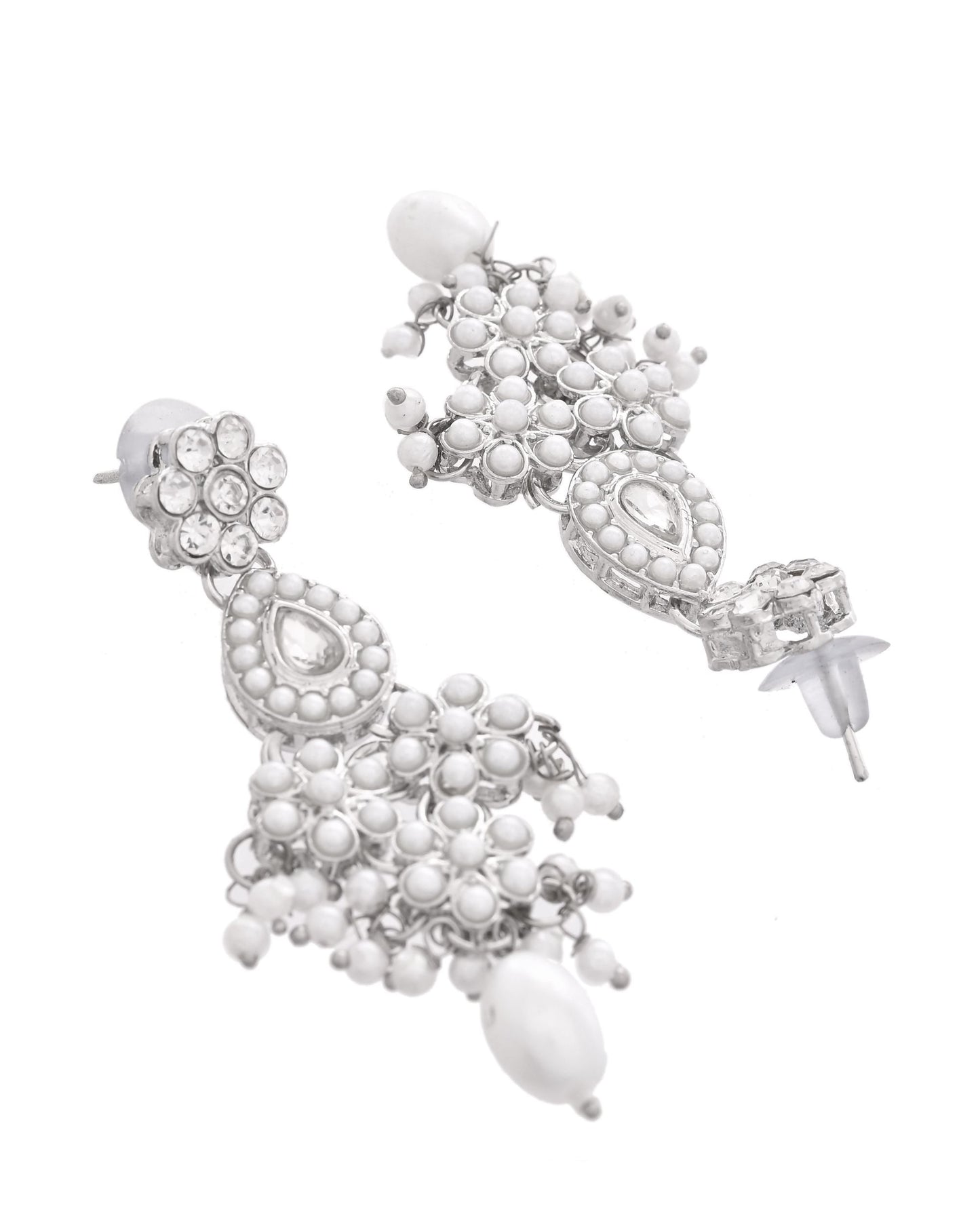 VOJ Silver-Plated CZ Stone And Pearl Necklace With Earrings And Maang Tikka Set - Swadesiicart