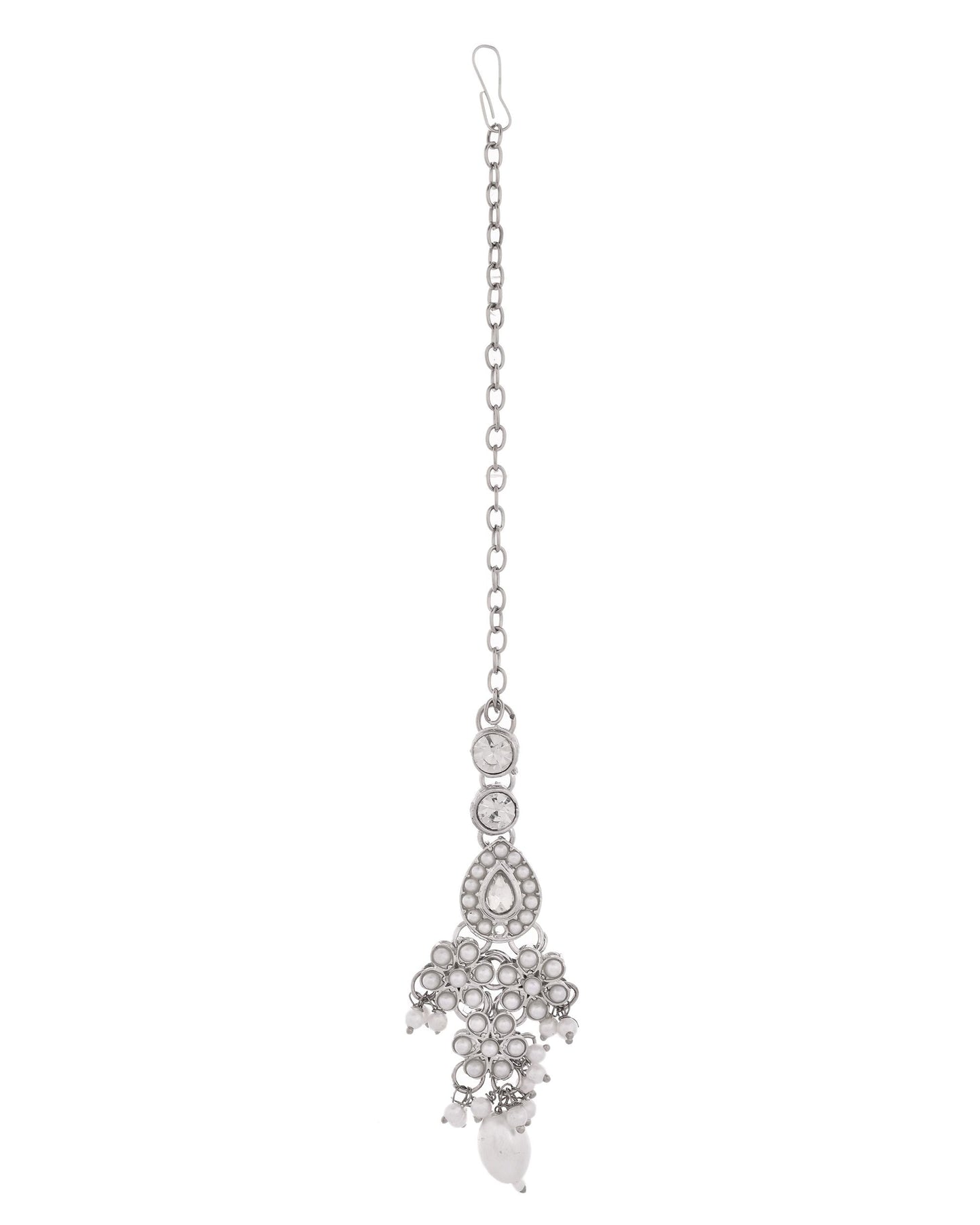 VOJ Silver-Plated CZ Stone And Pearl Necklace With Earrings And Maang Tikka Set - Swadesiicart