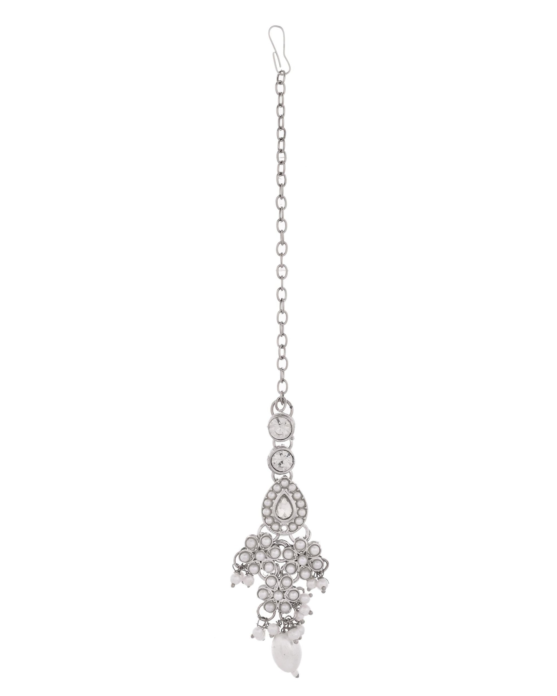 VOJ Silver-Plated CZ Stone And Pearl Necklace With Earrings And Maang Tikka Set - Swadesiicart