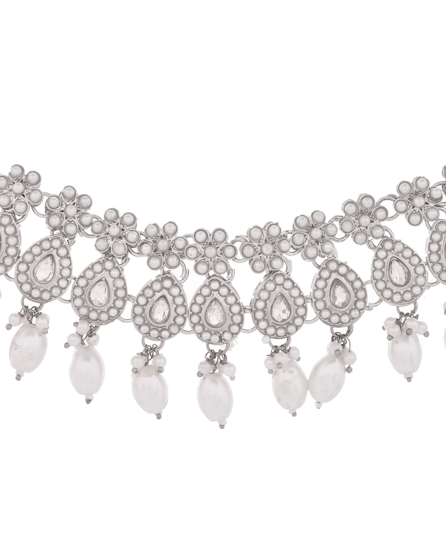 VOJ Silver-Plated CZ Stone And Pearl Necklace With Earrings And Maang Tikka Set - Swadesiicart