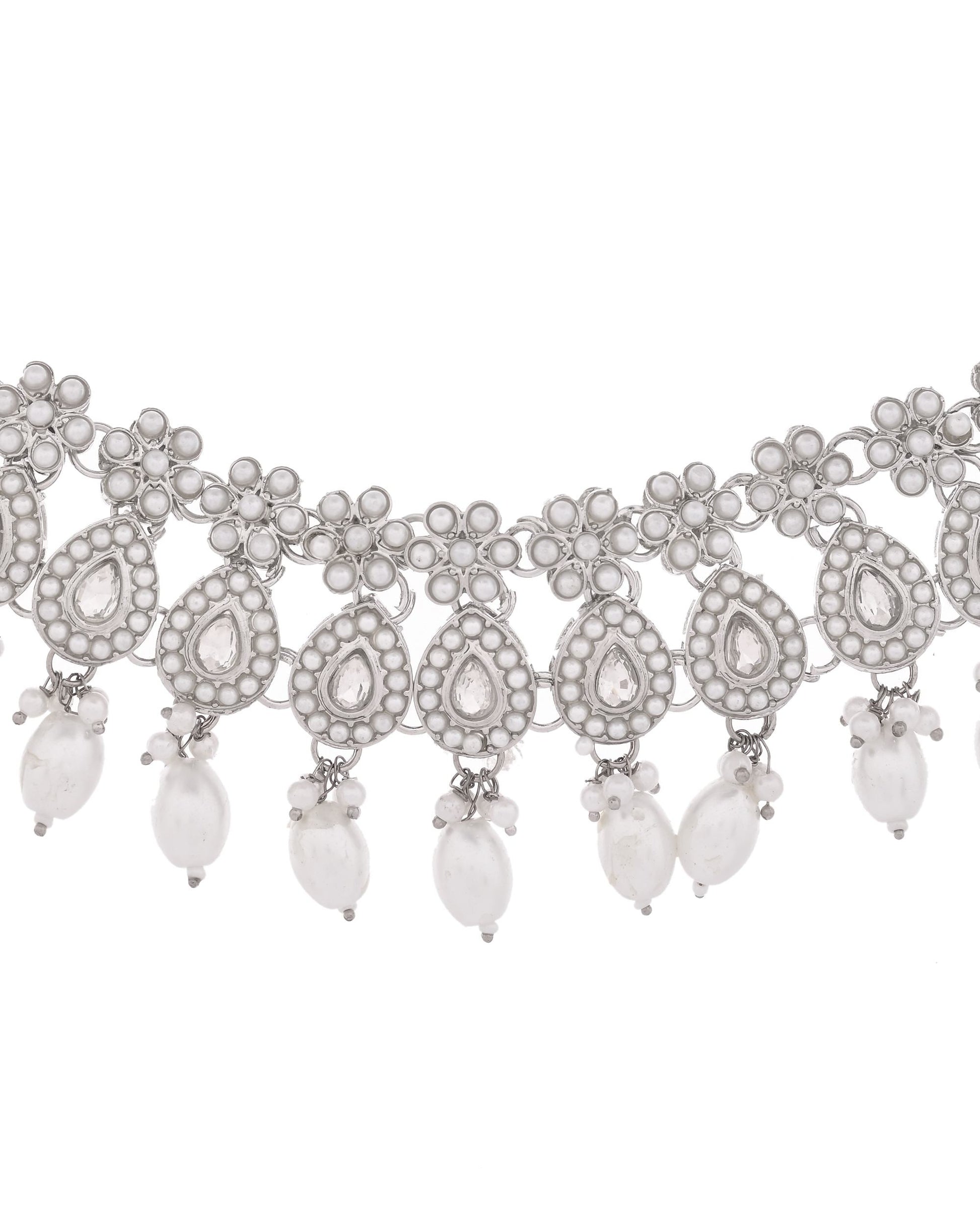 VOJ Silver-Plated CZ Stone And Pearl Necklace With Earrings And Maang Tikka Set - Swadesiicart