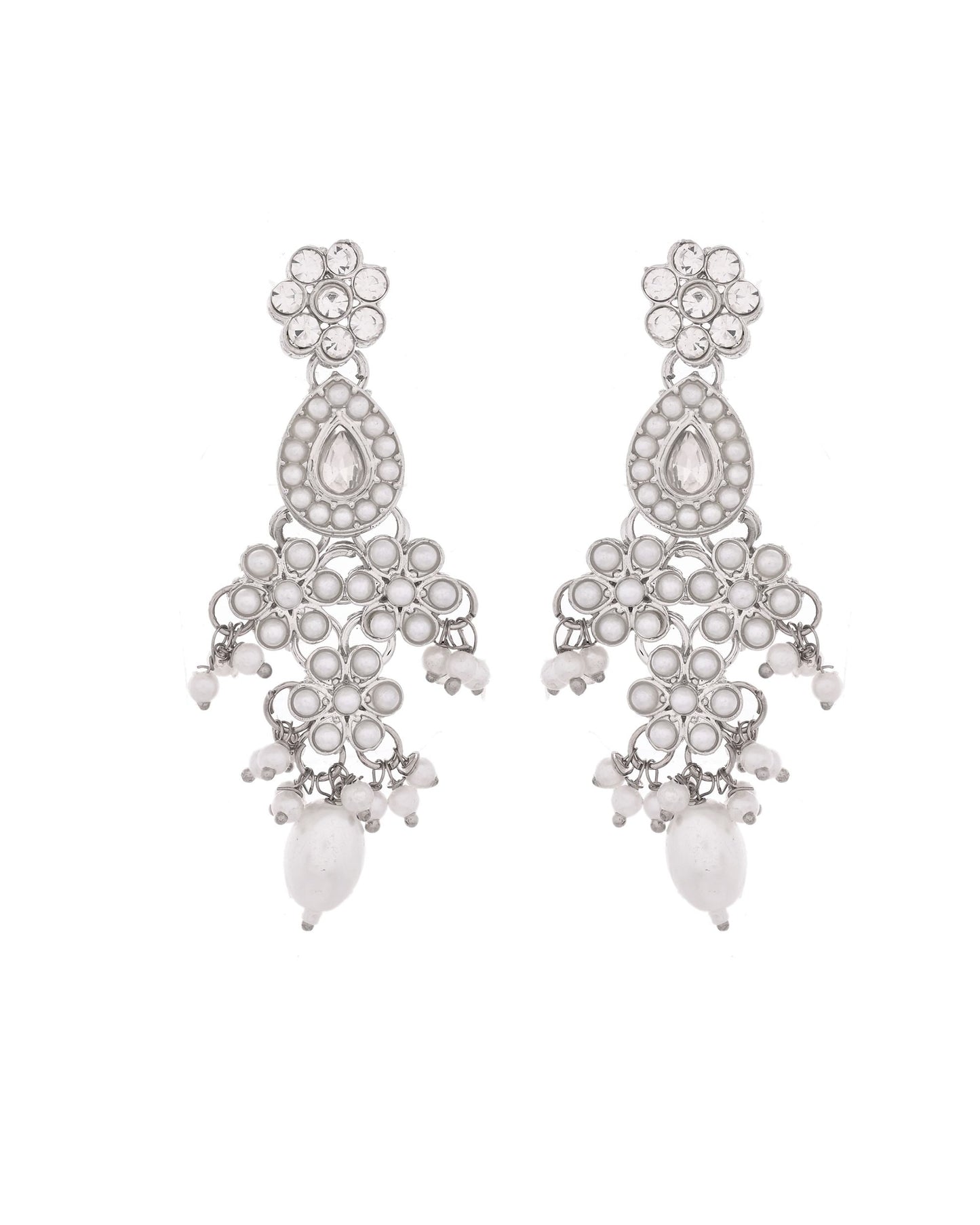 VOJ Silver-Plated CZ Stone And Pearl Necklace With Earrings And Maang Tikka Set - Swadesiicart