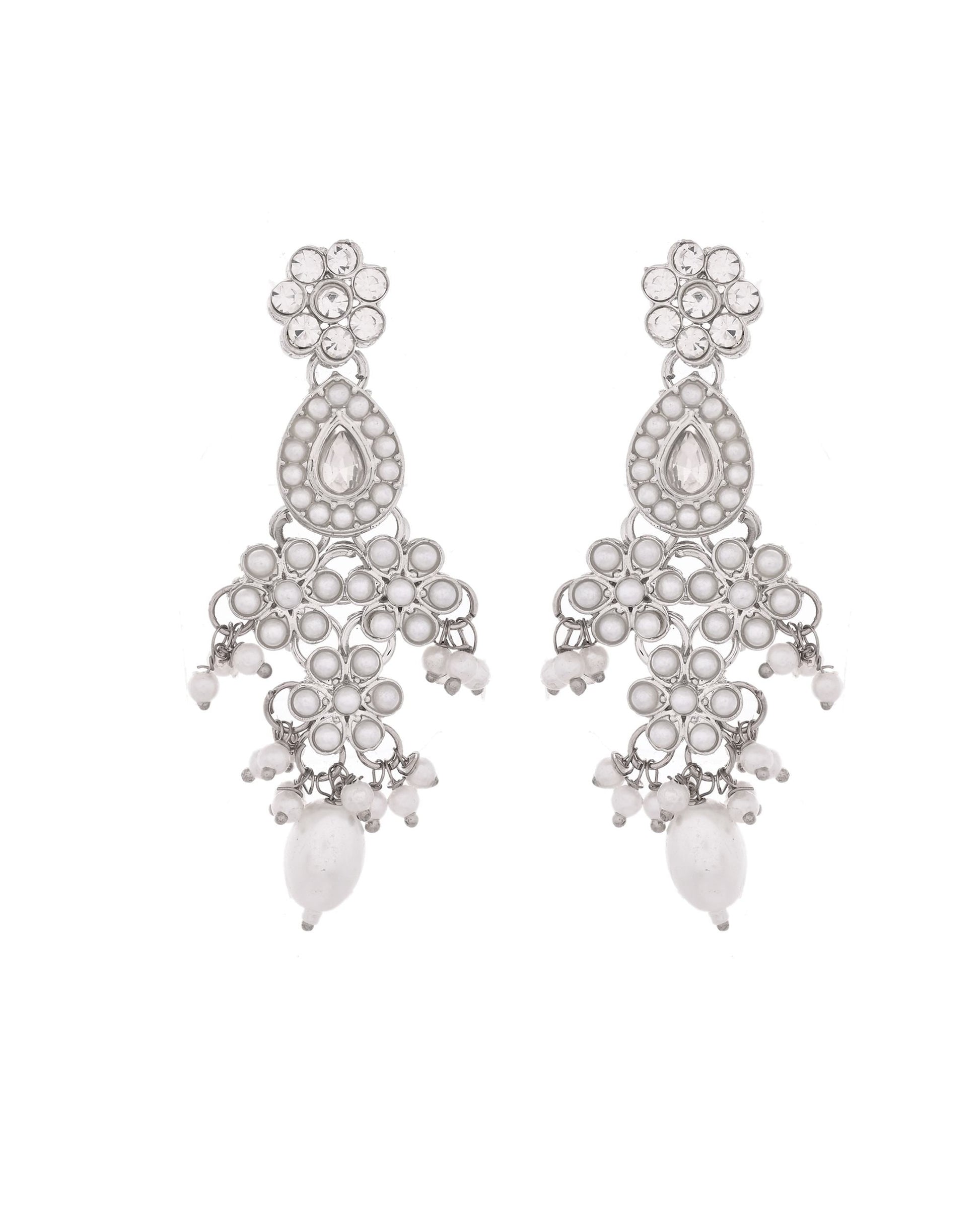 VOJ Silver-Plated CZ Stone And Pearl Necklace With Earrings And Maang Tikka Set - Swadesiicart