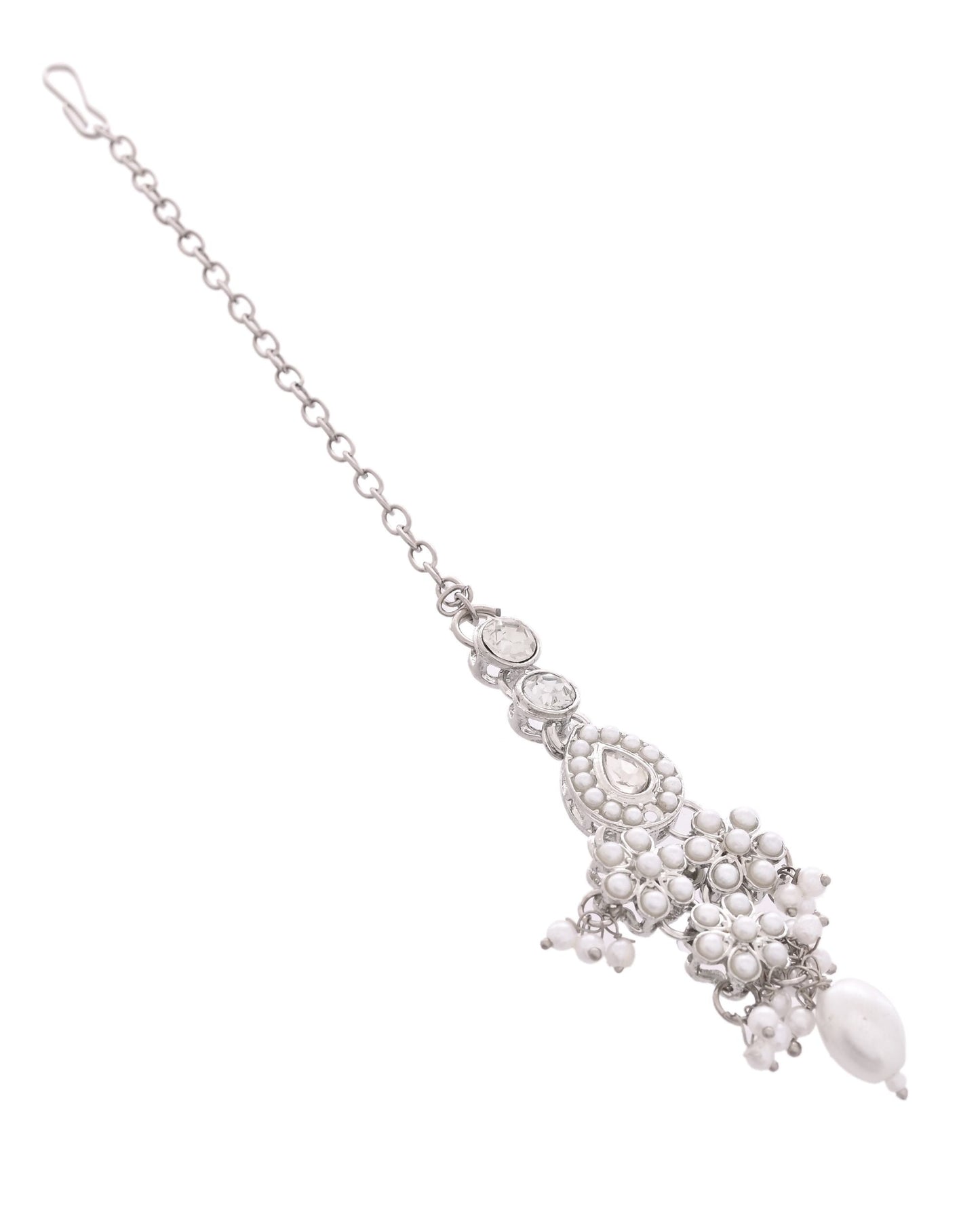 VOJ Silver-Plated CZ Stone And Pearl Necklace With Earrings And Maang Tikka Set - Swadesiicart