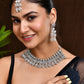 VOJ Silver-Plated AD Stone Studded Necklace With Earrings And Maang Tikka Set - Swadesiicart