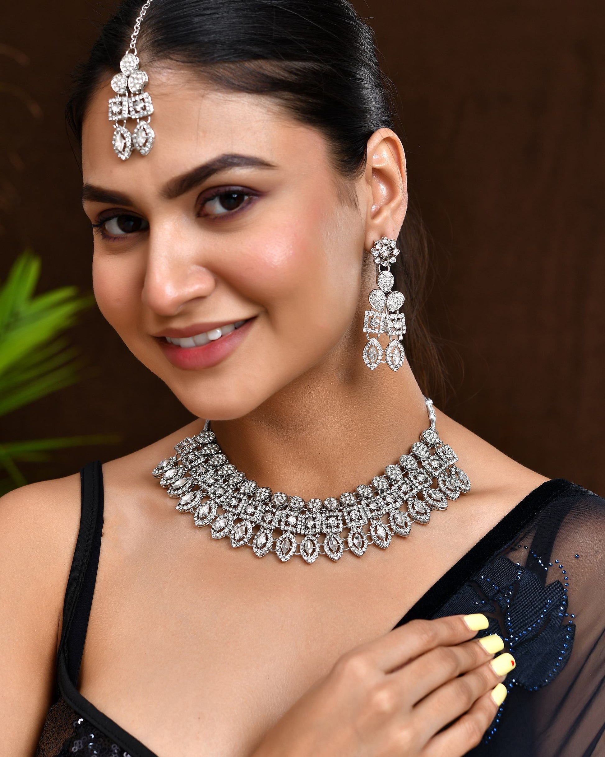 VOJ Silver-Plated AD Stone Studded Necklace With Earrings And Maang Tikka Set - Swadesiicart