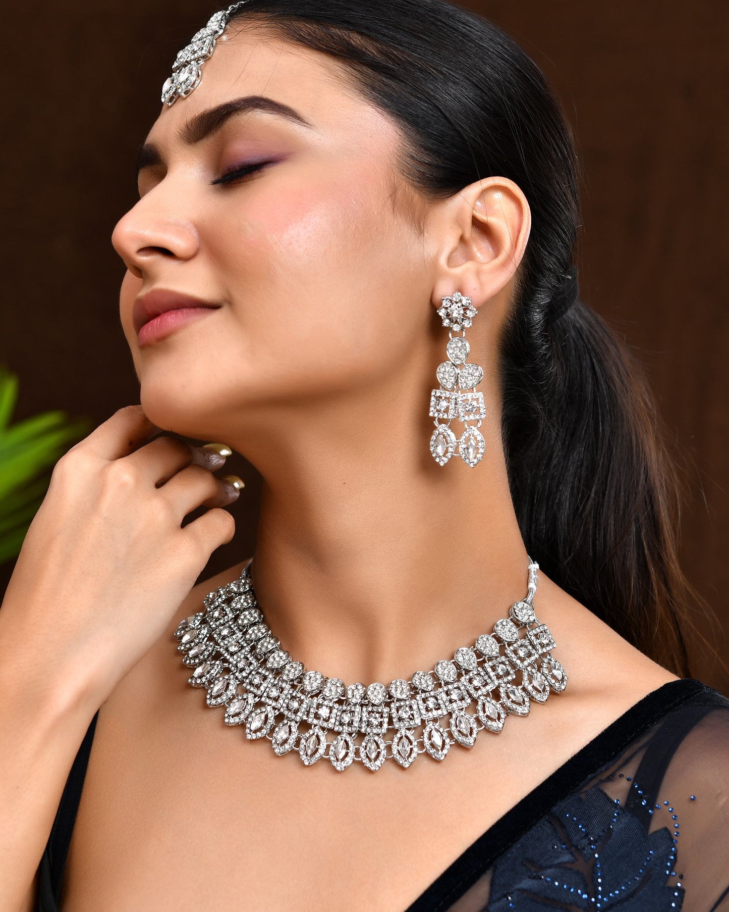 VOJ Silver-Plated AD Stone Studded Necklace With Earrings And Maang Tikka Set - Swadesiicart