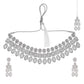 VOJ Silver-Plated AD Stone Studded Necklace With Earrings And Maang Tikka Set - Swadesiicart