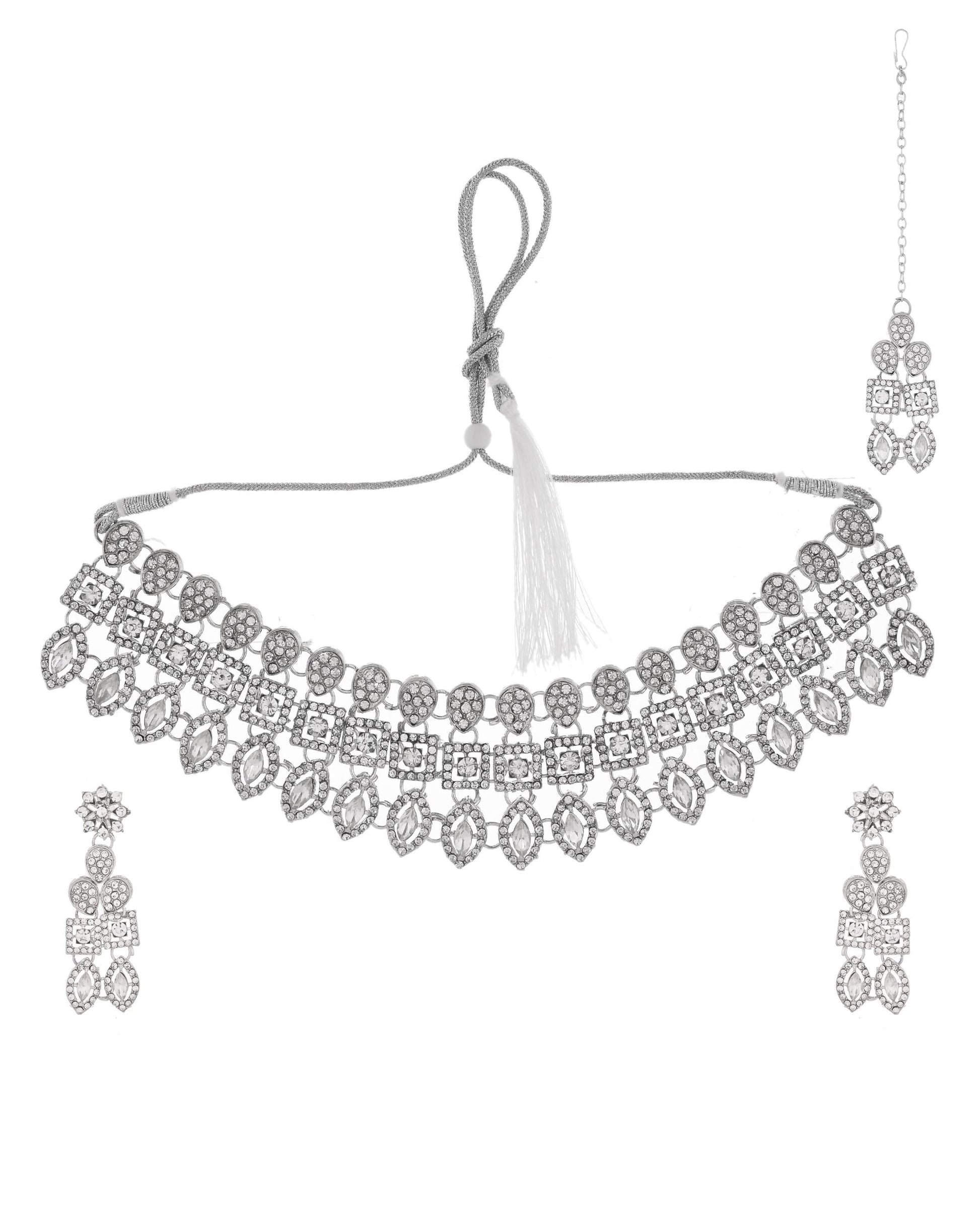 VOJ Silver-Plated AD Stone Studded Necklace With Earrings And Maang Tikka Set - Swadesiicart