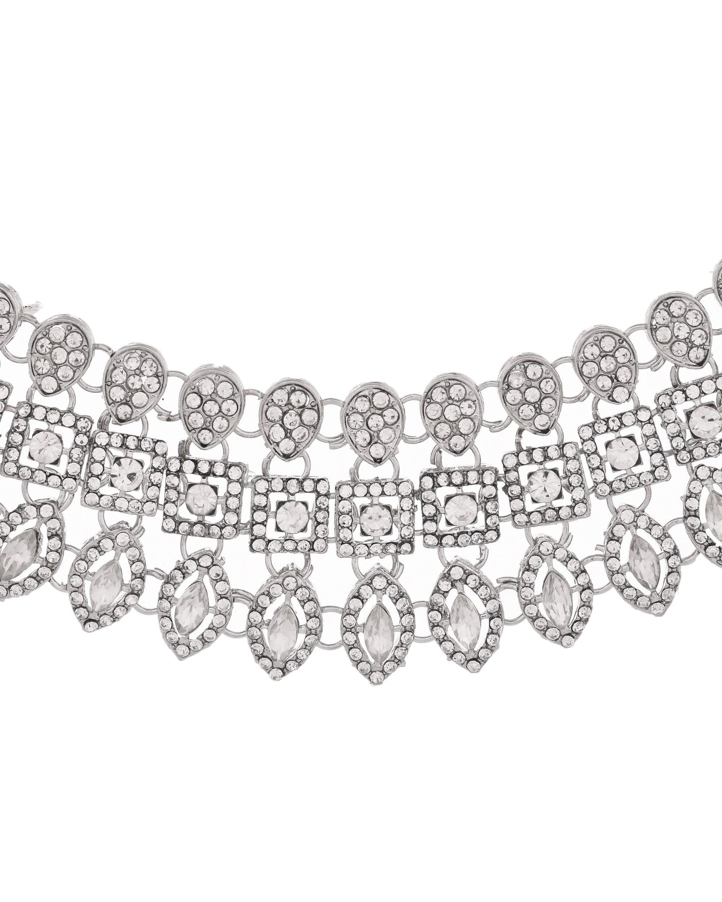 VOJ Silver-Plated AD Stone Studded Necklace With Earrings And Maang Tikka Set - Swadesiicart