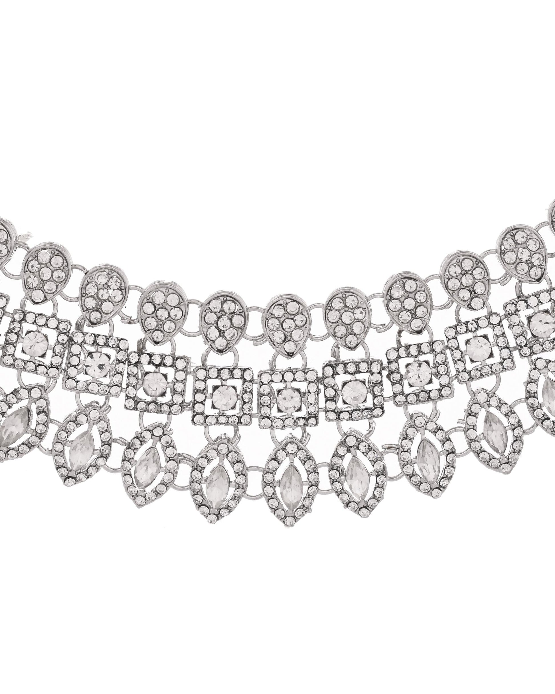 VOJ Silver-Plated AD Stone Studded Necklace With Earrings And Maang Tikka Set - Swadesiicart