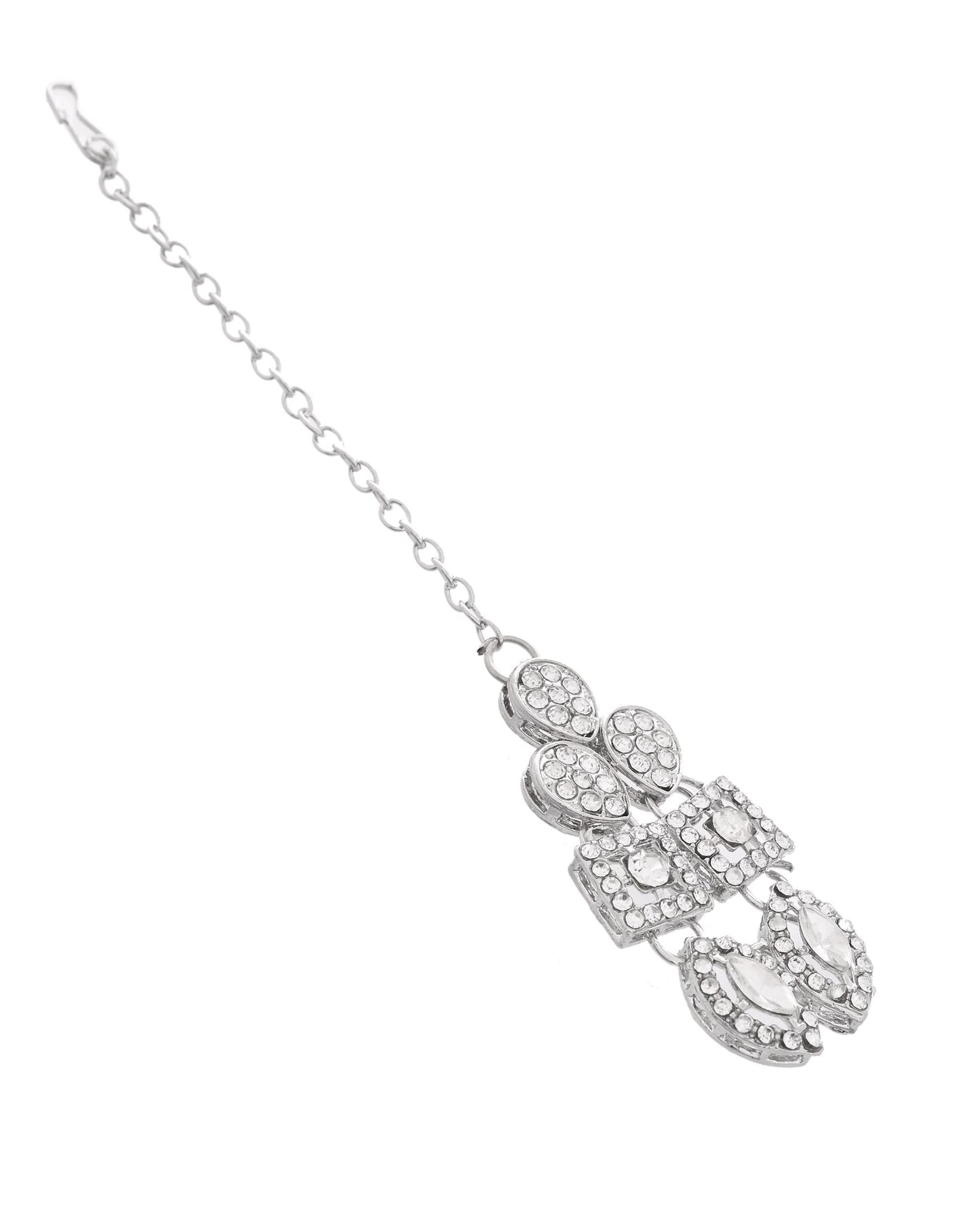 VOJ Silver-Plated AD Stone Studded Necklace With Earrings And Maang Tikka Set - Swadesiicart