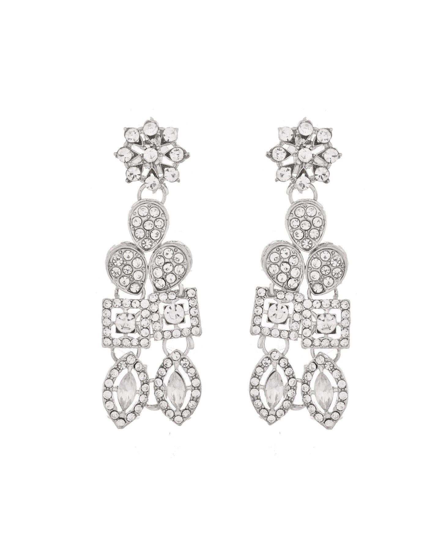 VOJ Silver-Plated AD Stone Studded Necklace With Earrings And Maang Tikka Set - Swadesiicart